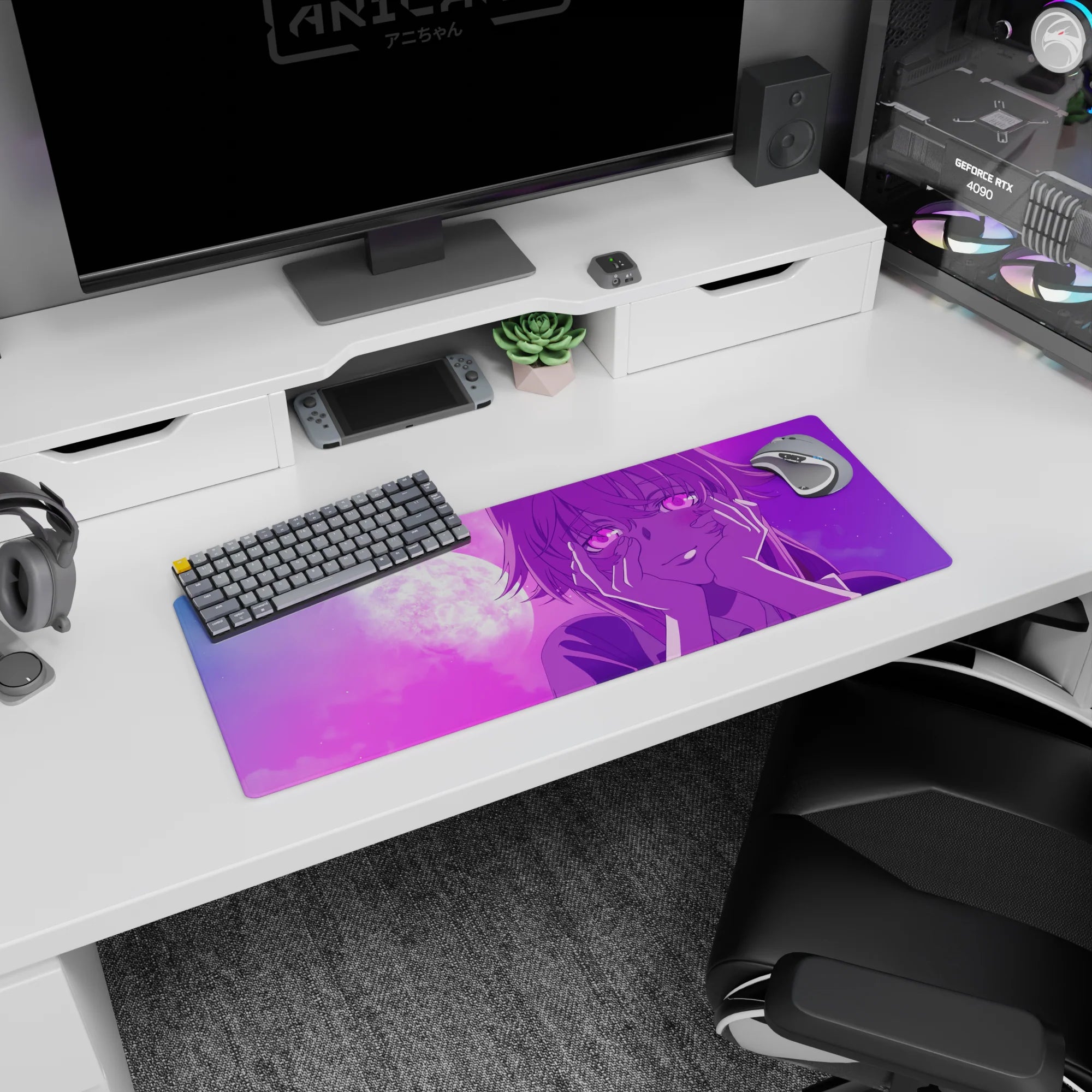 32x12 inches mouse pad featuring an anime girl under a glowing moon, cotton-candy fog and soft stare.