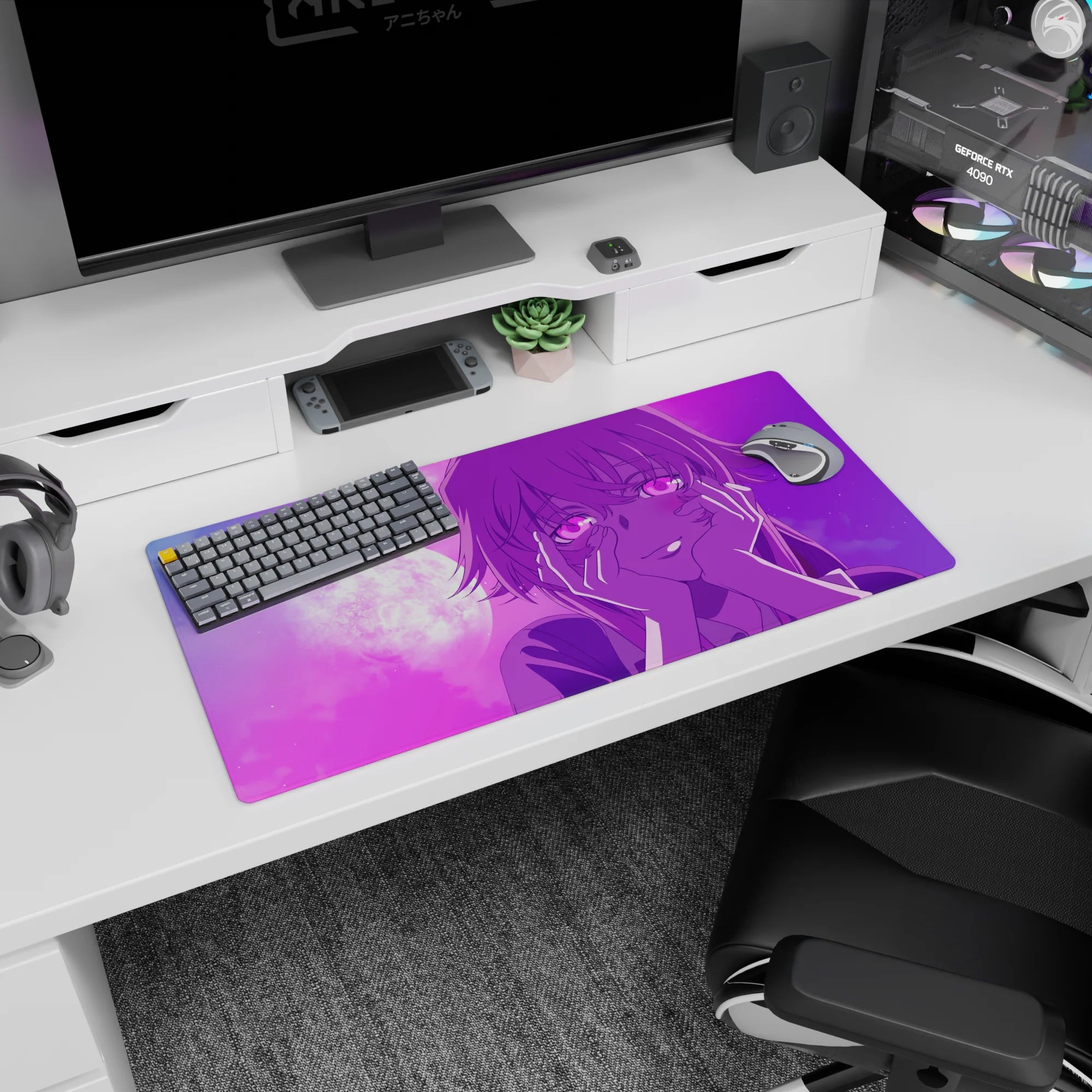 32x16 inches anime girl mouse pad showing a soft-staring girl under a glowing moon and cotton candy fog.