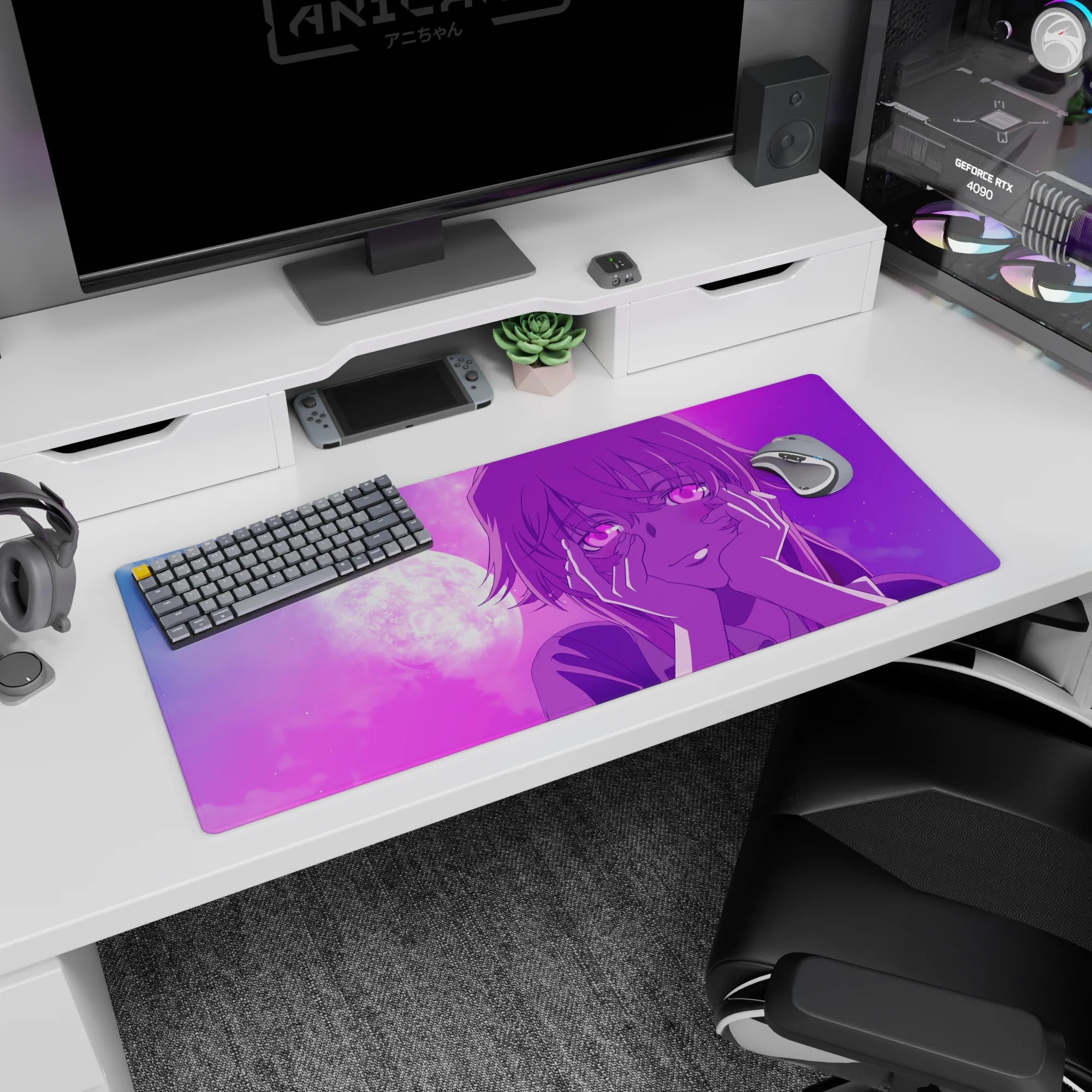 36x16 inches anime girl desk pad featuring a glowing moon and her gentle stare in cotton-candy fog.