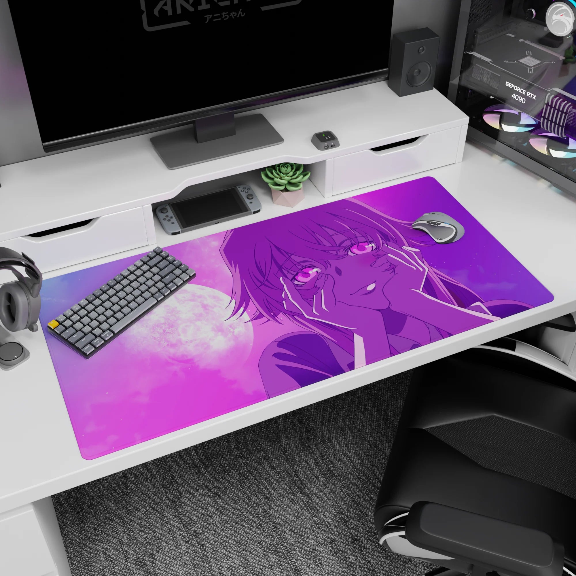 Soft-staring anime girl under a glowing moon on a desk pad 40x20 inches, late-night romance scene.