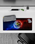 Cosmic gradient mouse pad in crisp blues and fiery reds, dreamy star haze, 28x12 inches.