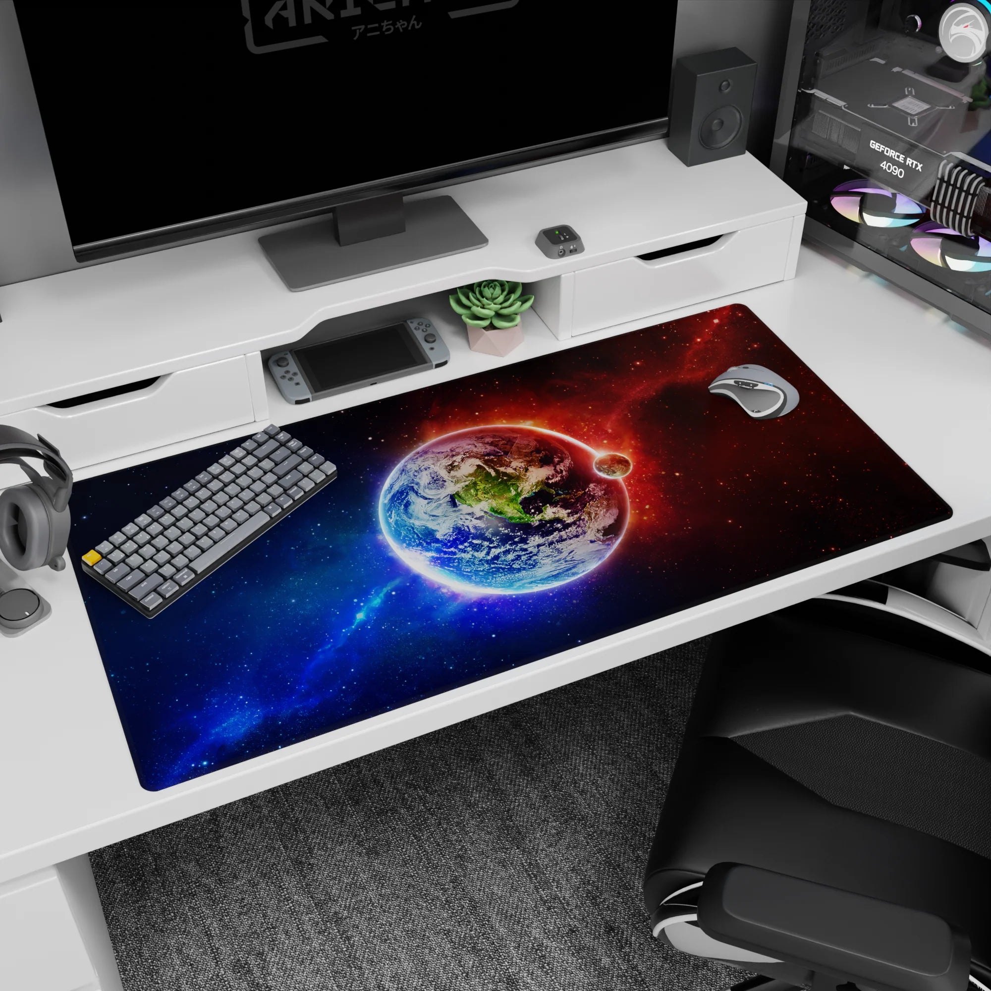 Earth-in-space desk pad 40x20 inches showing a crisp blue planet rim against sharp constellations.
