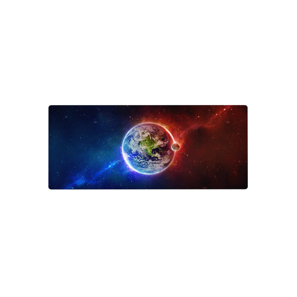 Earth from space desk mouse pad, starry constellations and nebula swirls, 28x12 inches.