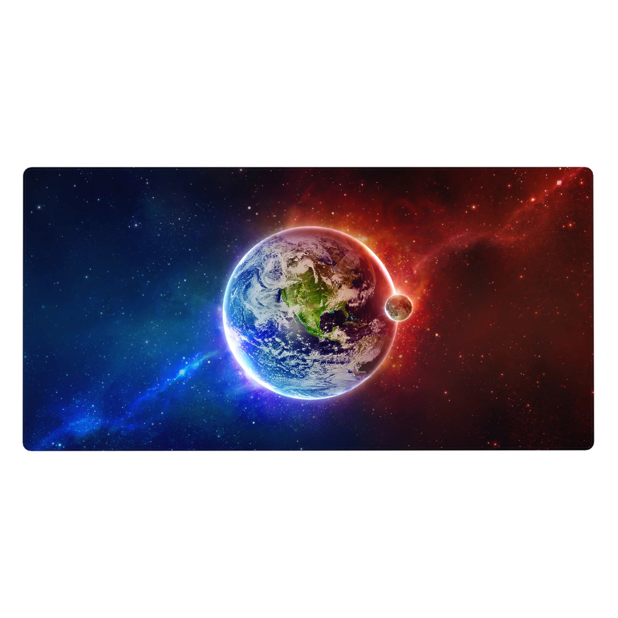 Space-themed desk pad 40x20 inches with Earth glow, constellations, and nebula swirls for smooth tracking.