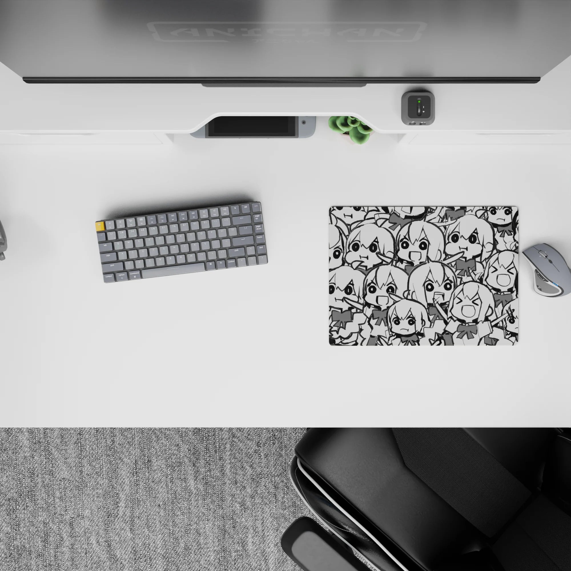 14x10 inches classic anime girl mouse pad in high-contrast black and white, chaotic-cute sketchbook vibe.