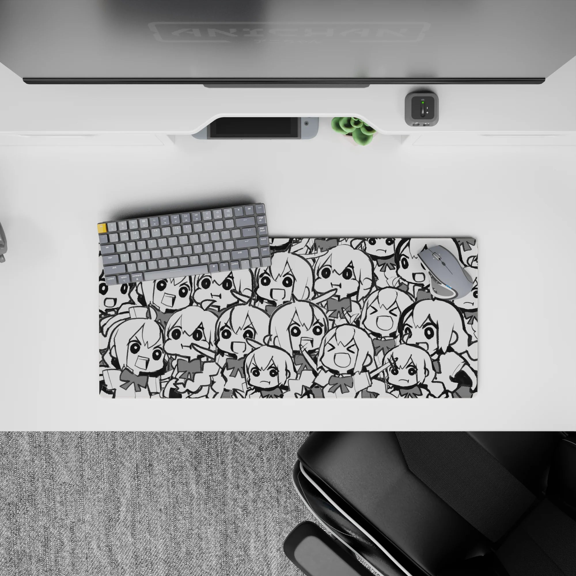28x12 inches black-and-white anime girl mouse pad, high-contrast chaos-cute sketchbook vibe.