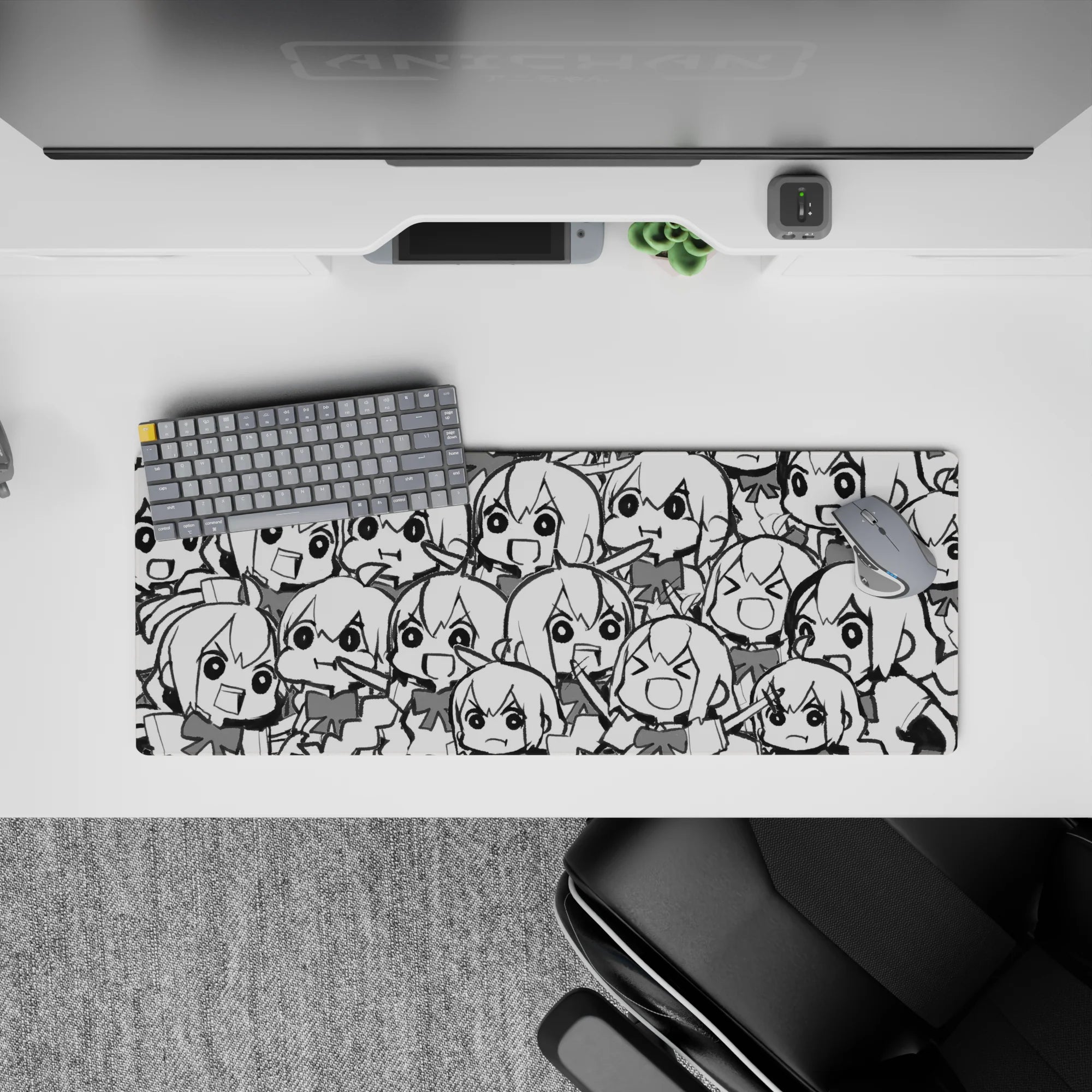 Black-and-white high-contrast anime girl mouse pad with playful sketchbook energy, 32x12 inches.