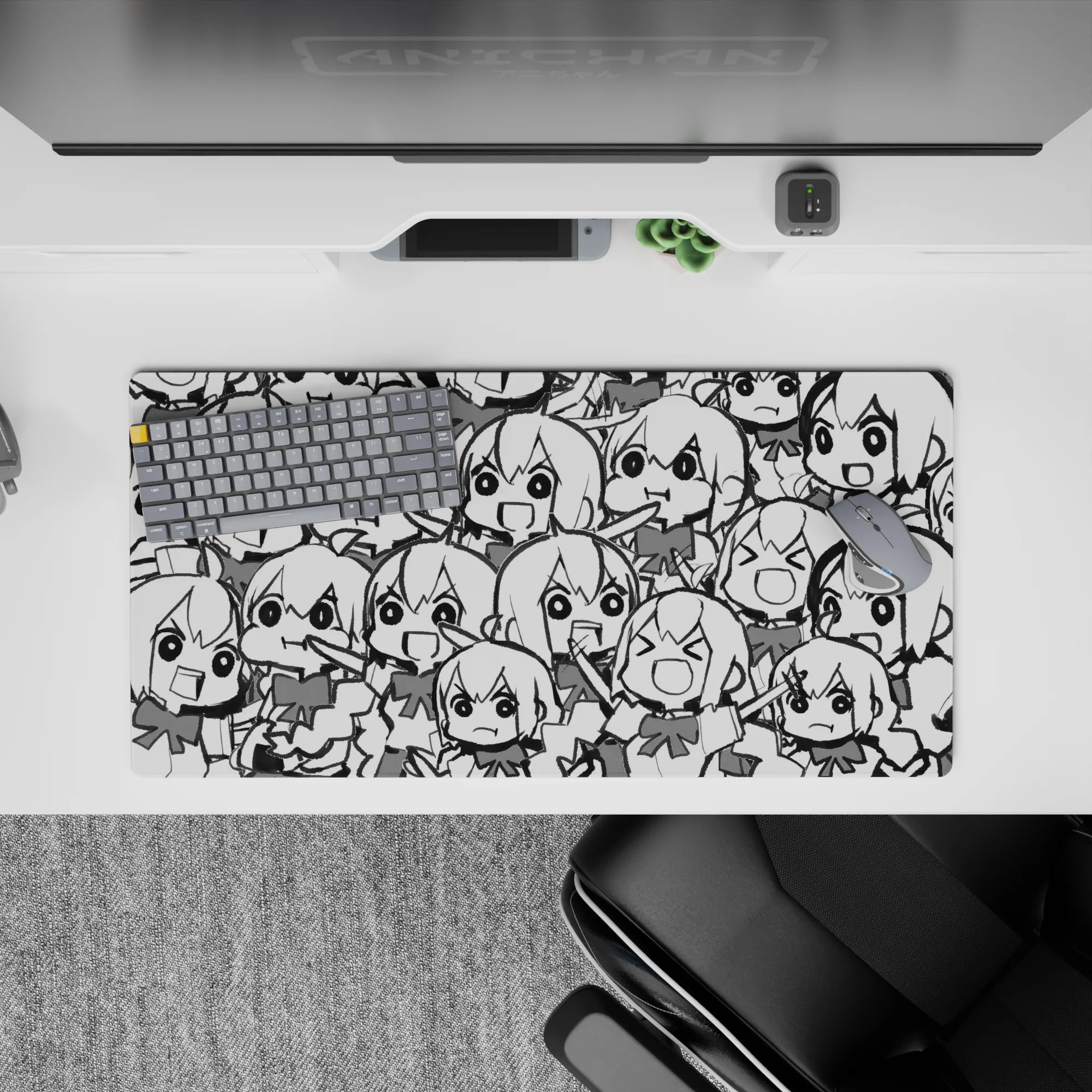 32x16 inches black-and-white anime girl mouse pad, high-contrast chaotic-cute sketch vibe for gaming.