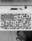 32x16 inches black-and-white anime girl mouse pad, high-contrast chaotic-cute sketch vibe for gaming.