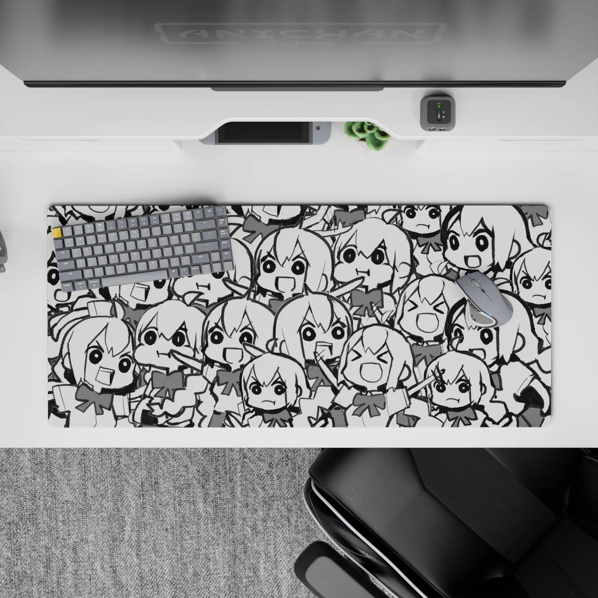 36x16 inches black-and-white anime girl desk pad, high-contrast and playful chaos-cute sketchbook vibe.