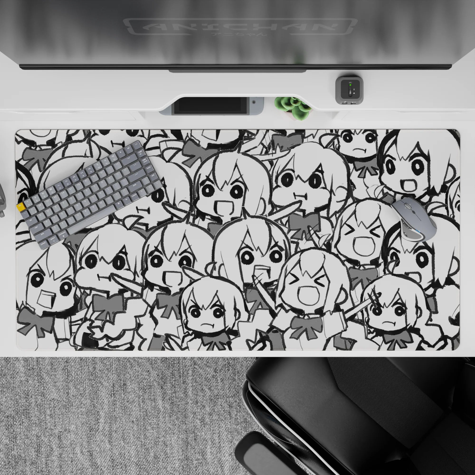 40x20 inches black-and-white anime girl desk pad, high-contrast sketchbook chaos-cute mood.