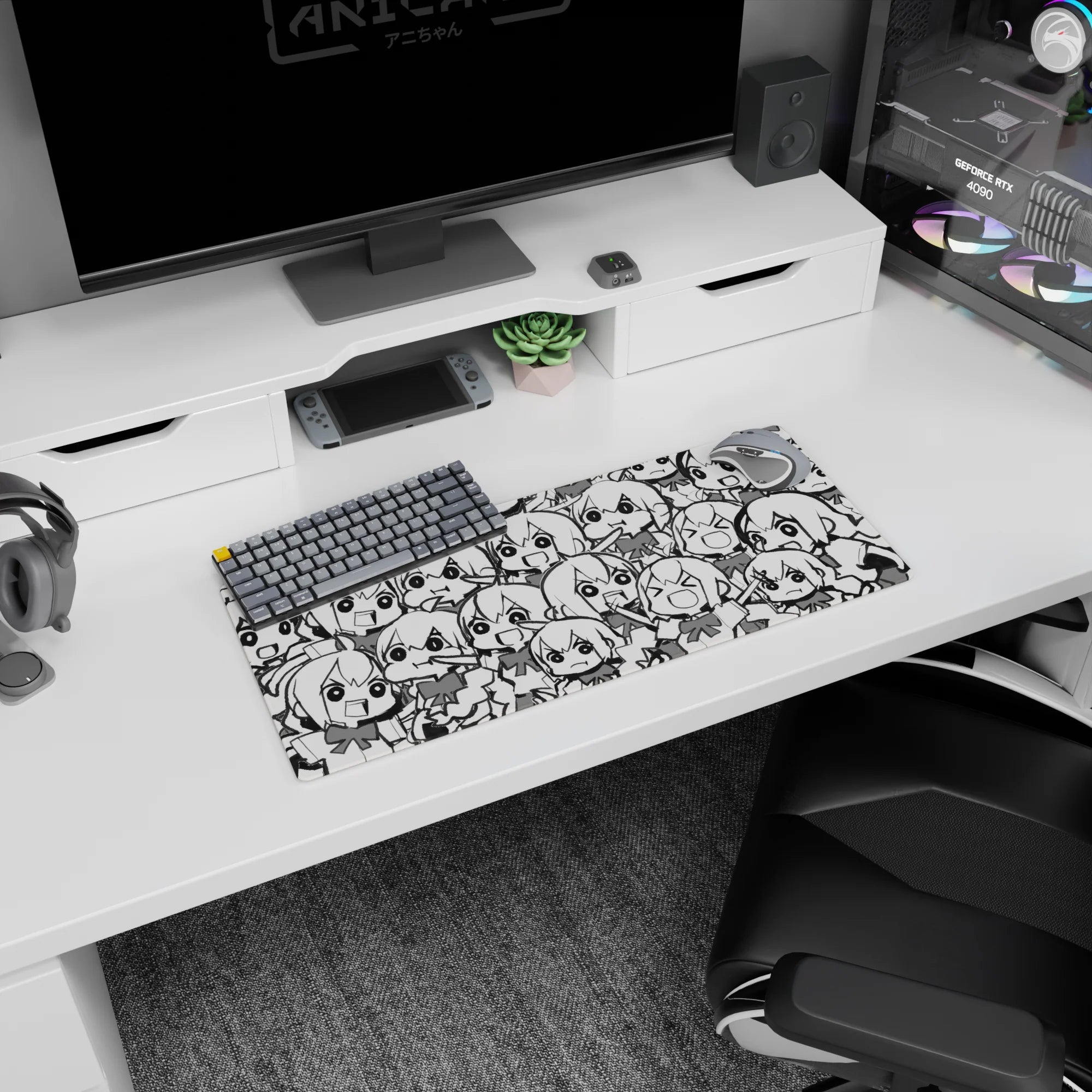 28x12 inches mouse pad packed with chibi anime girls, repeating big-eyed faces in a busy scene.