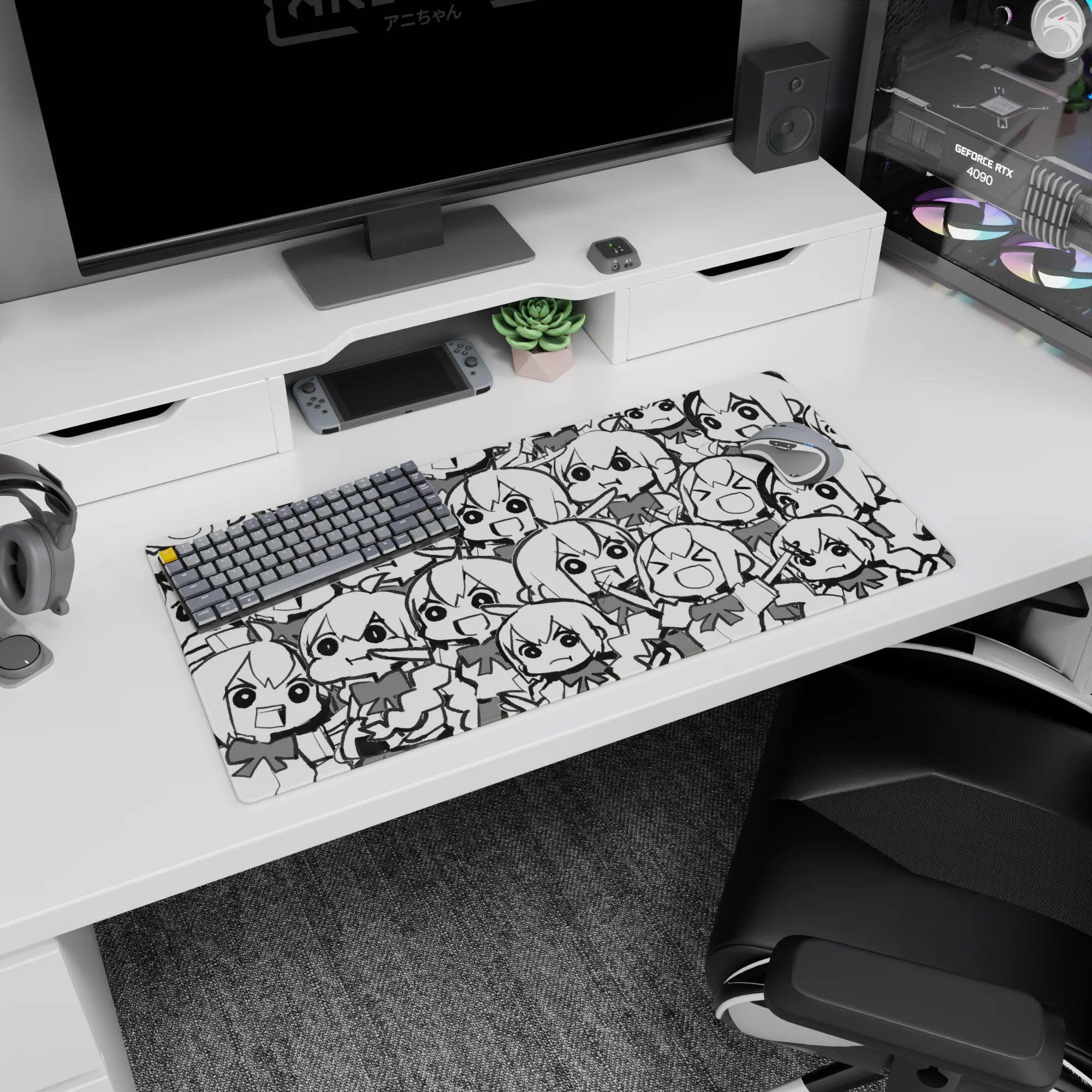 32x16 inches mouse pad packed with chibi anime girls, big eyes and expressive faces in a busy scene.