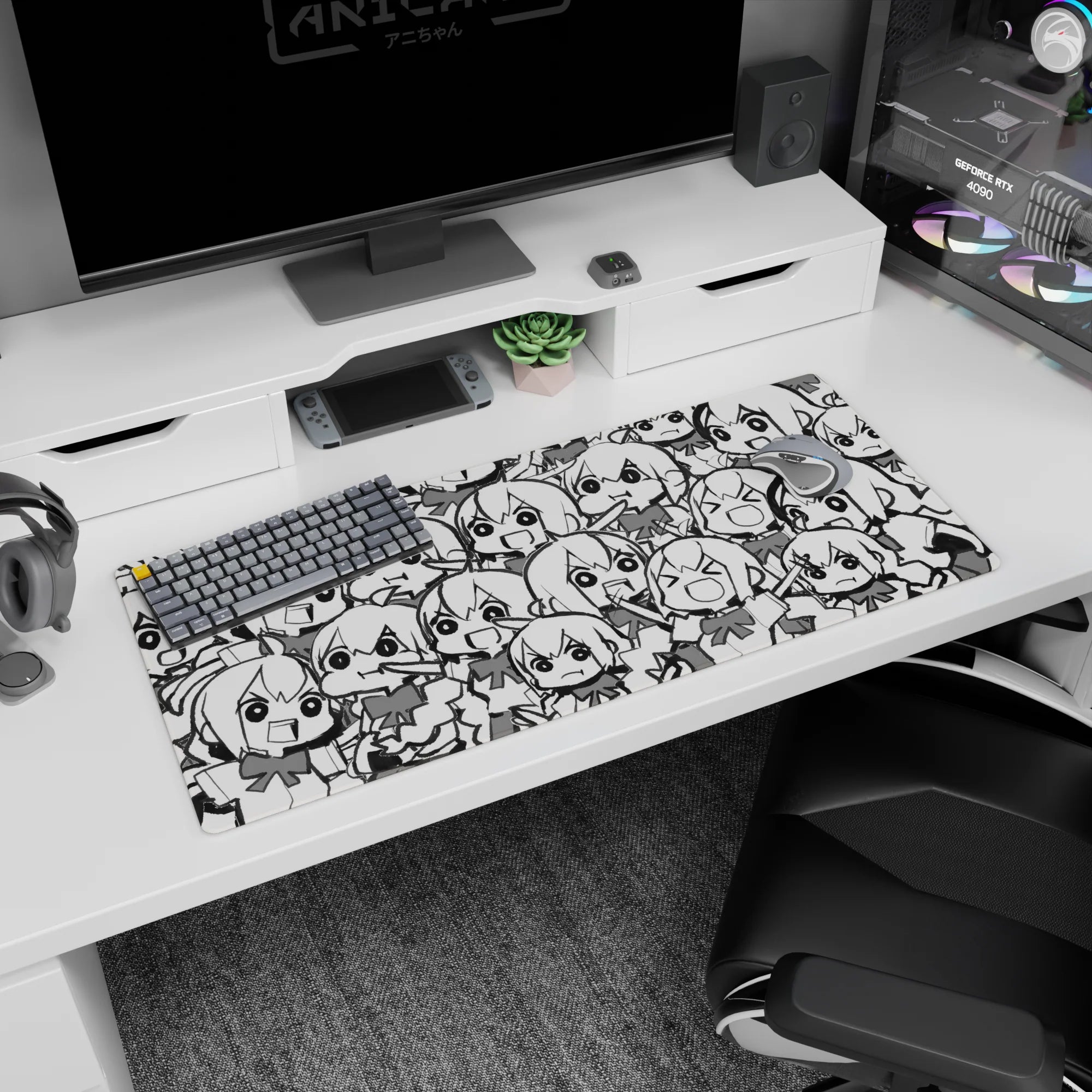 36x16 inches desk pad packed with chibi anime girls’ big eyes and loud expressions in a crowded doodle scene.