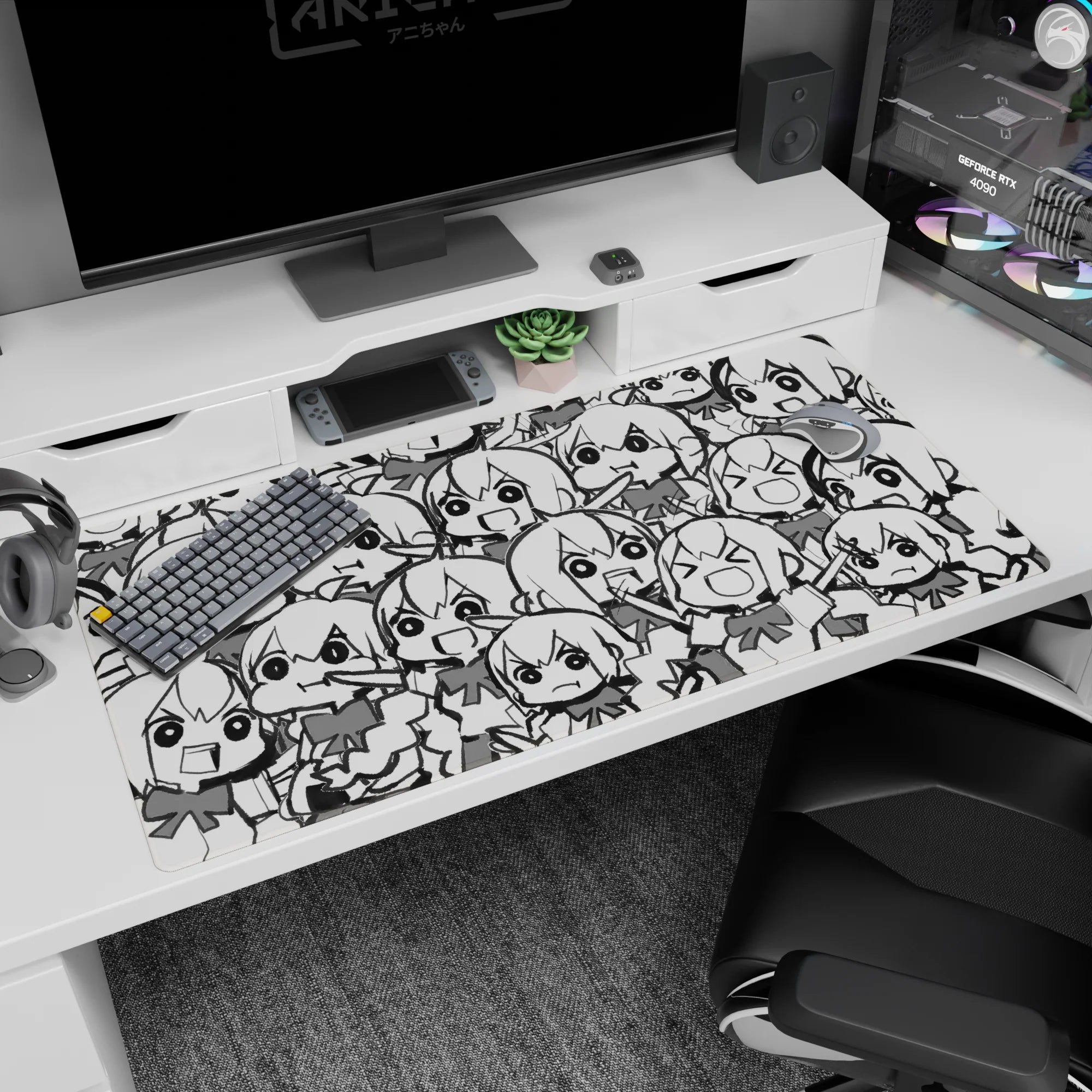 40x20 inches desk pad covered in repeating chibi anime girls with big eyes and expressive faces.