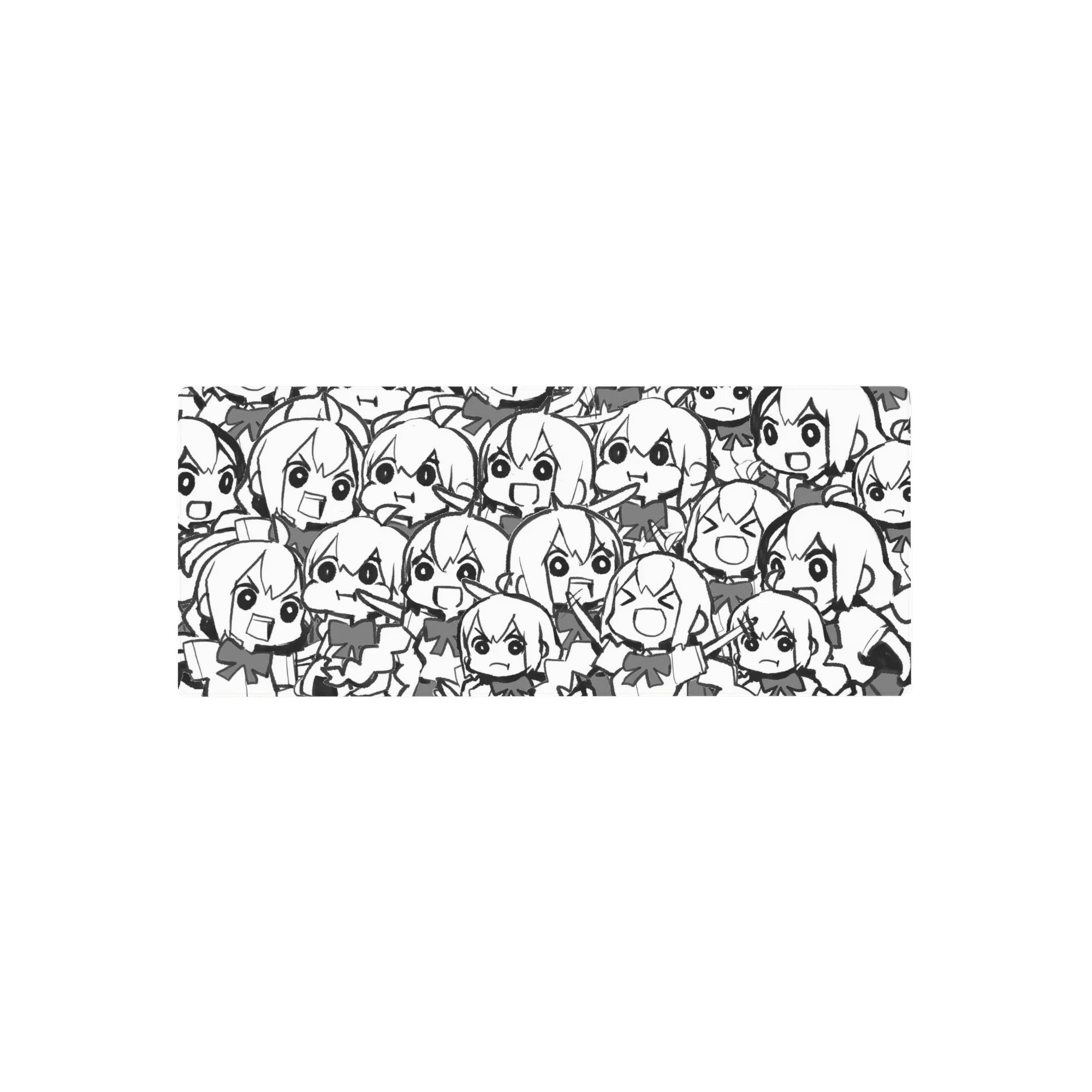 28x12 inches anime girl mouse pad with crowded chibi doodle collage, bold outlines and big eyes.