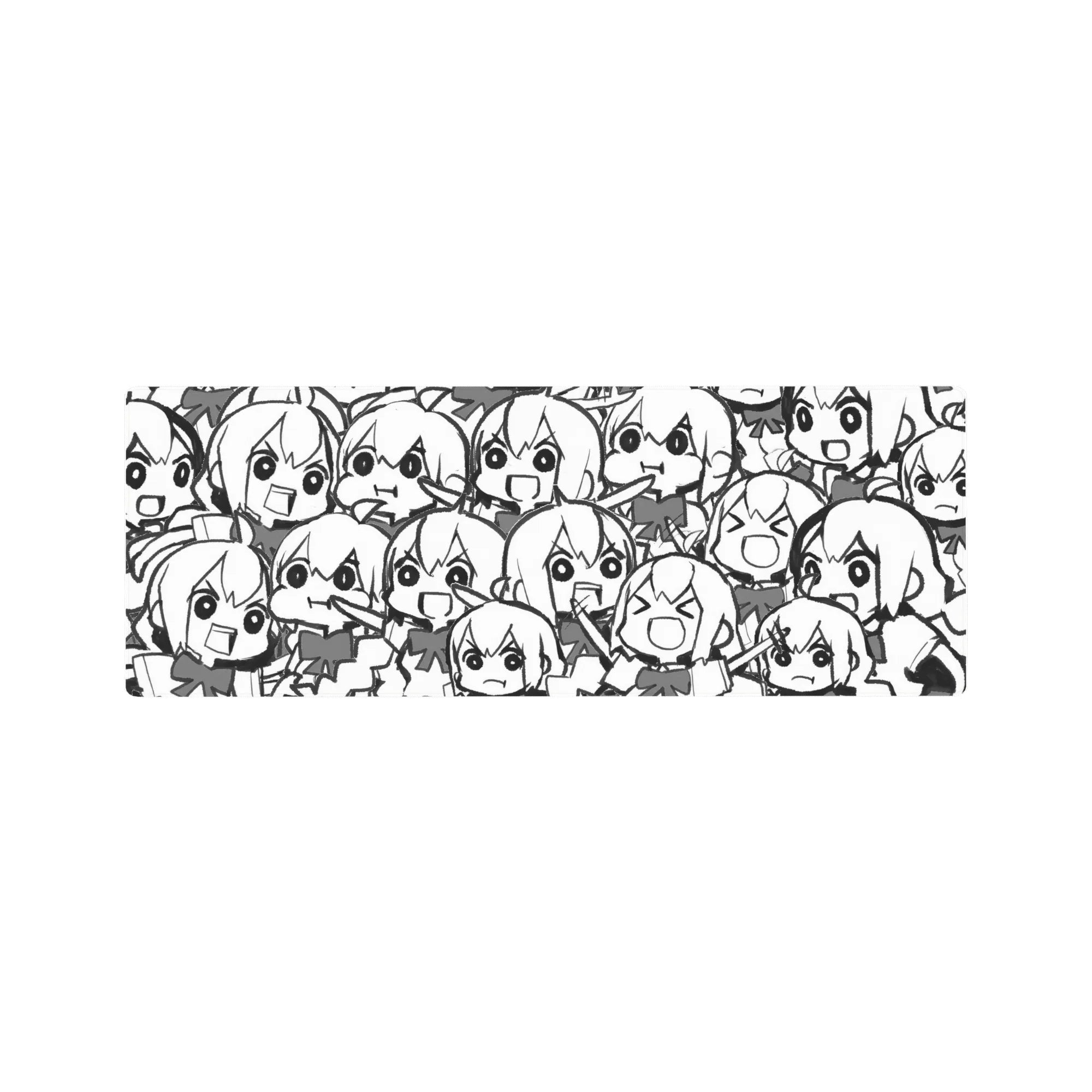 Chaotic chibi anime girl doodle collage desk mouse pad, 32x12 inches.