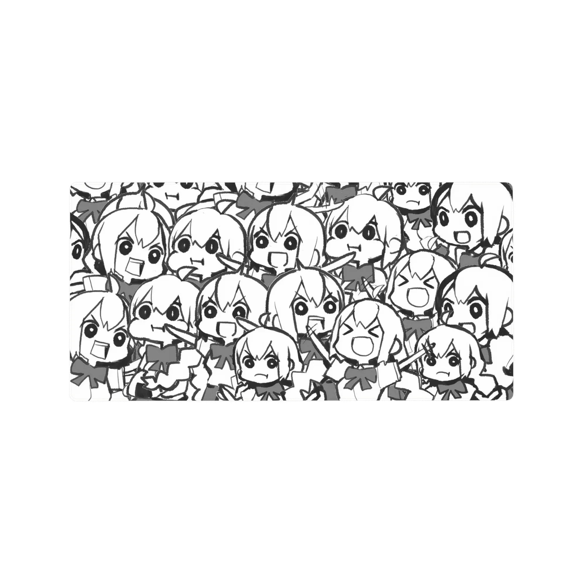 32x16 inches anime girl mouse pad with crowded chibi doodle pattern, bold outlines and repeating faces.