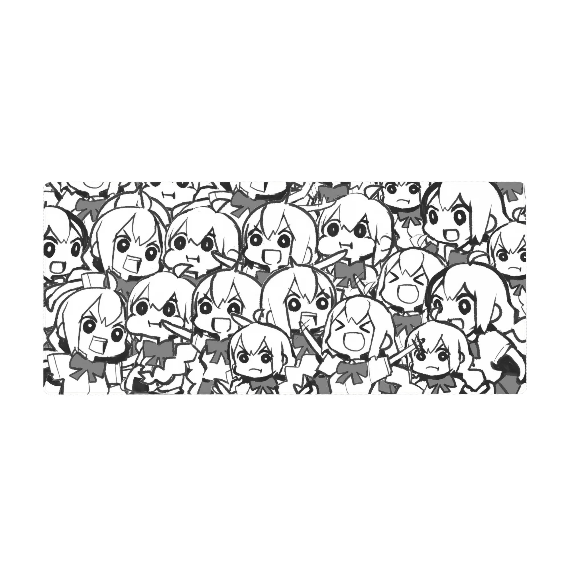 36x16 inches anime girl desk pad with chaotic chibi doodle collage and bold sketch-style outlines.