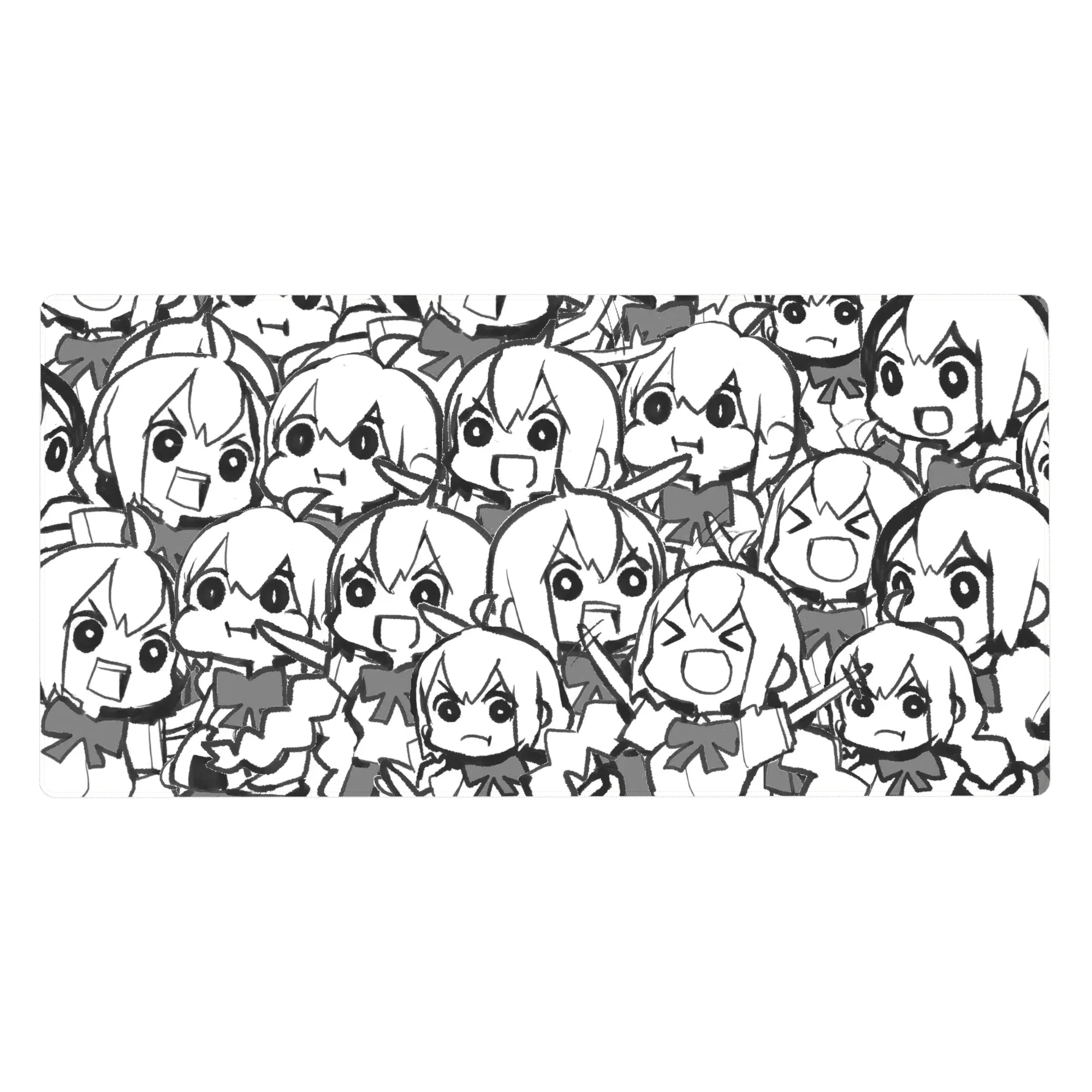 40x20 inches anime girl desk pad with crowded chibi doodle pattern, bold outlines and big eyes.