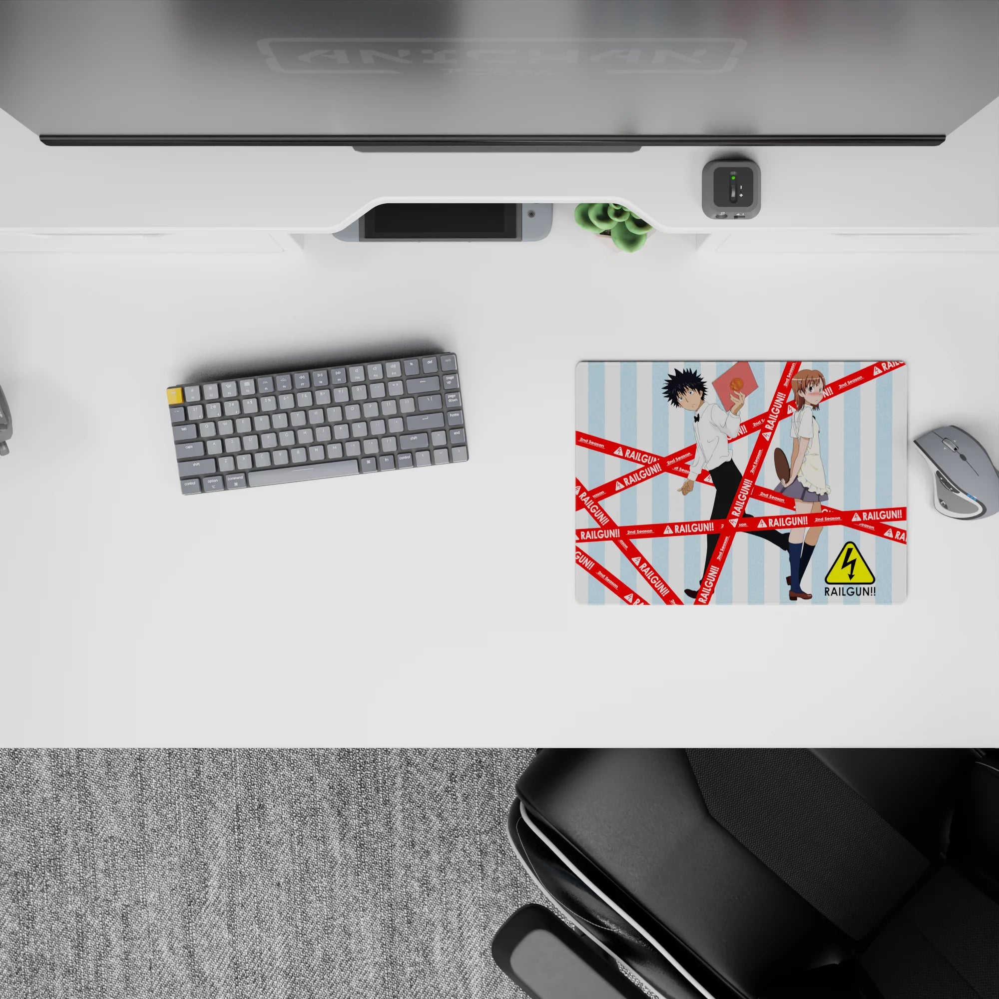 14x10 inches classic anime mouse pad in sky-blue stripes with red RAILGUN!! tape, electric vibe.