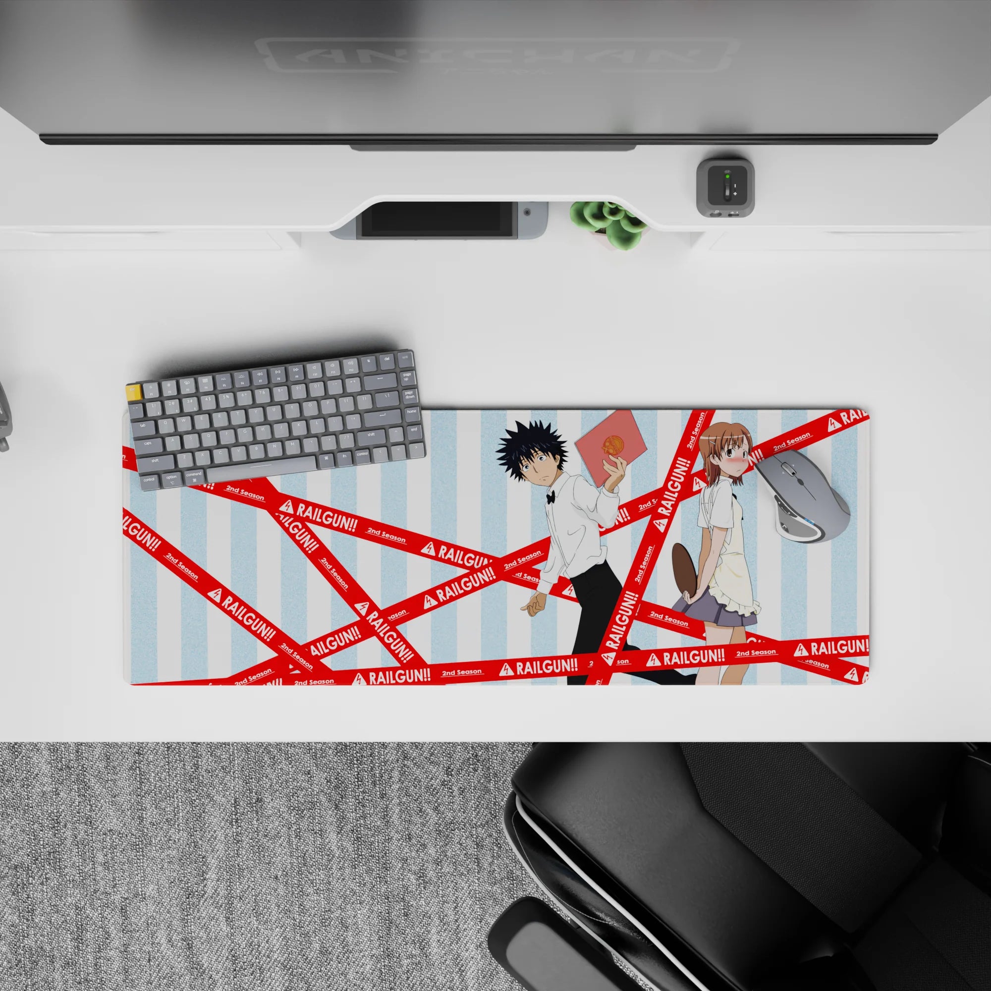 32x12 inches anime mouse pad in soft sky-blue stripes with bold red hazard tape, playful electric vibe.
