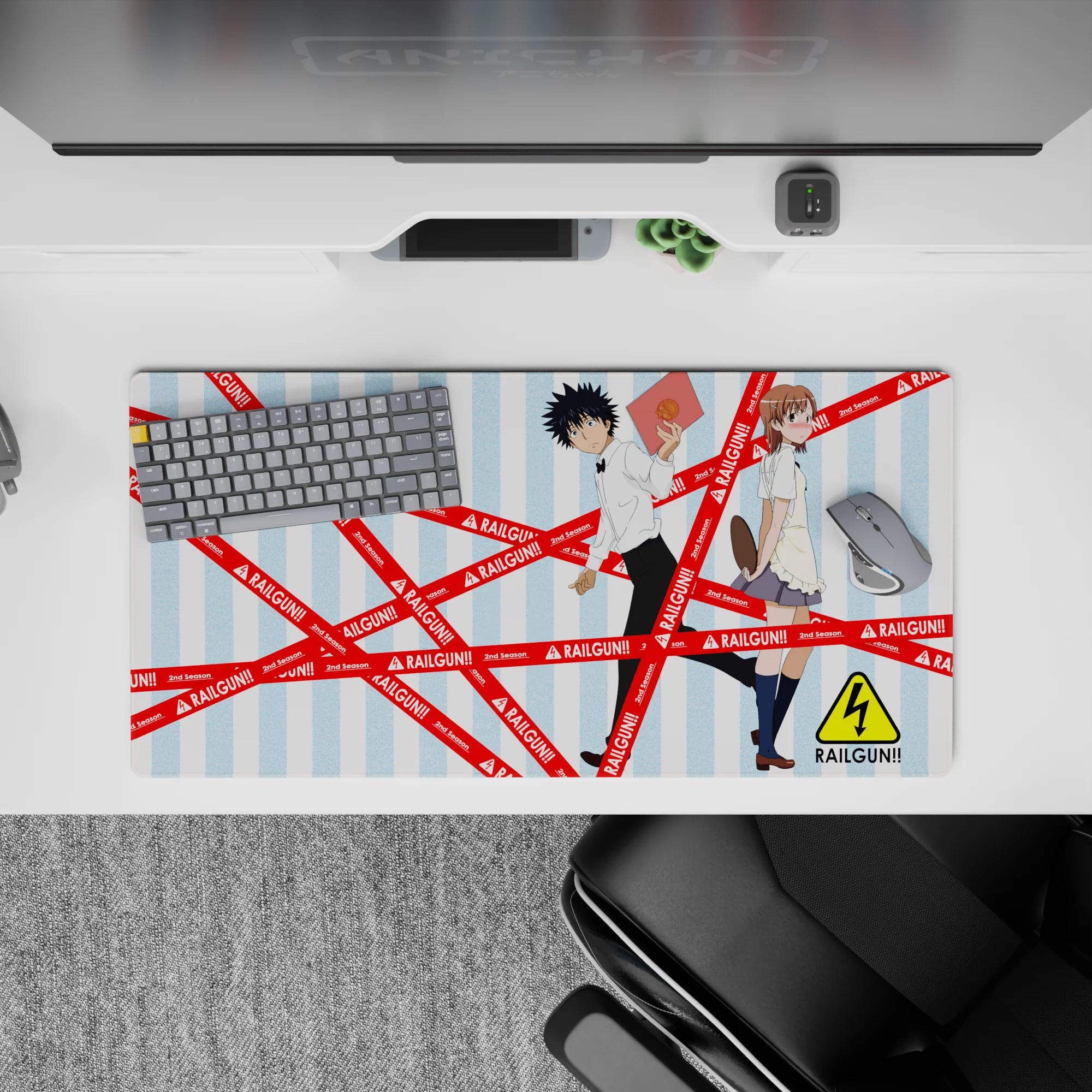 32x16 inches anime mouse pad in soft sky-blue stripes with hazard-red accents, playful electric late-night vibe.