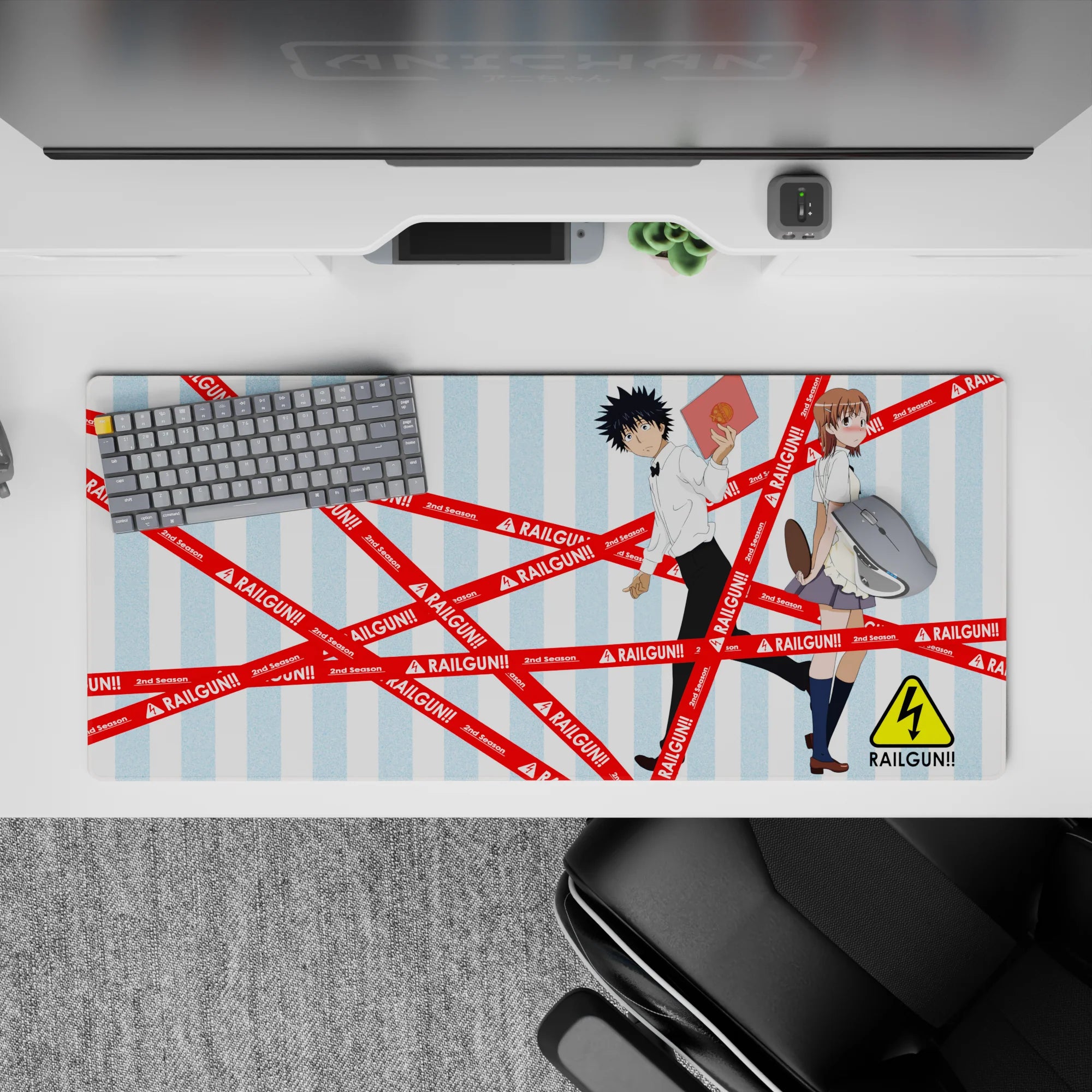 36x16 inches anime desk pad in soft sky-blue stripes with bold red hazard tape, playful electric vibe.