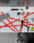Sky-blue striped anime desk pad with red RAILGUN!! tape, playful electric vibe, 40x20 inches.