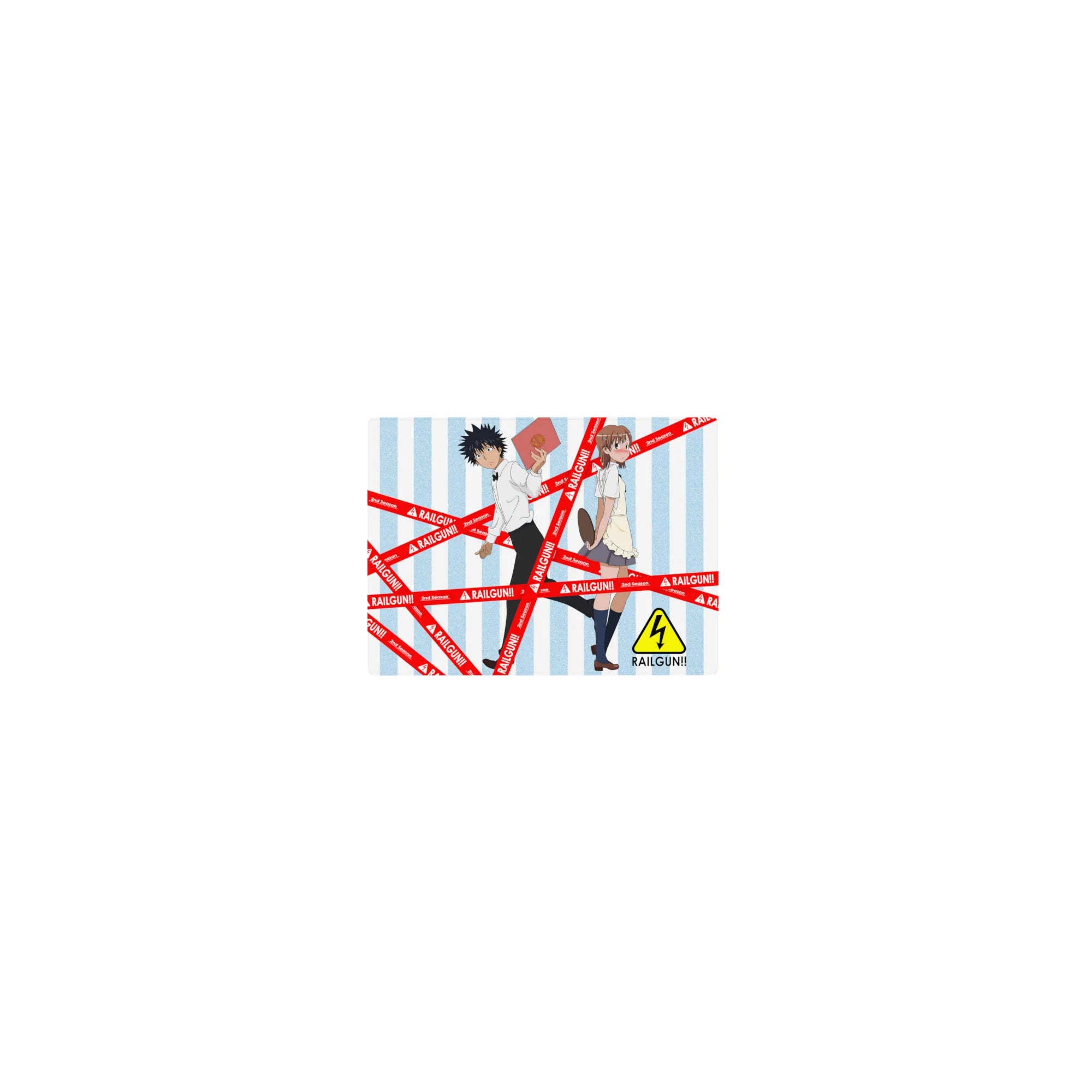14x10 inches classic anime mouse pad with Railgun tape, blue stripes, and bold school-uniform duo art.
