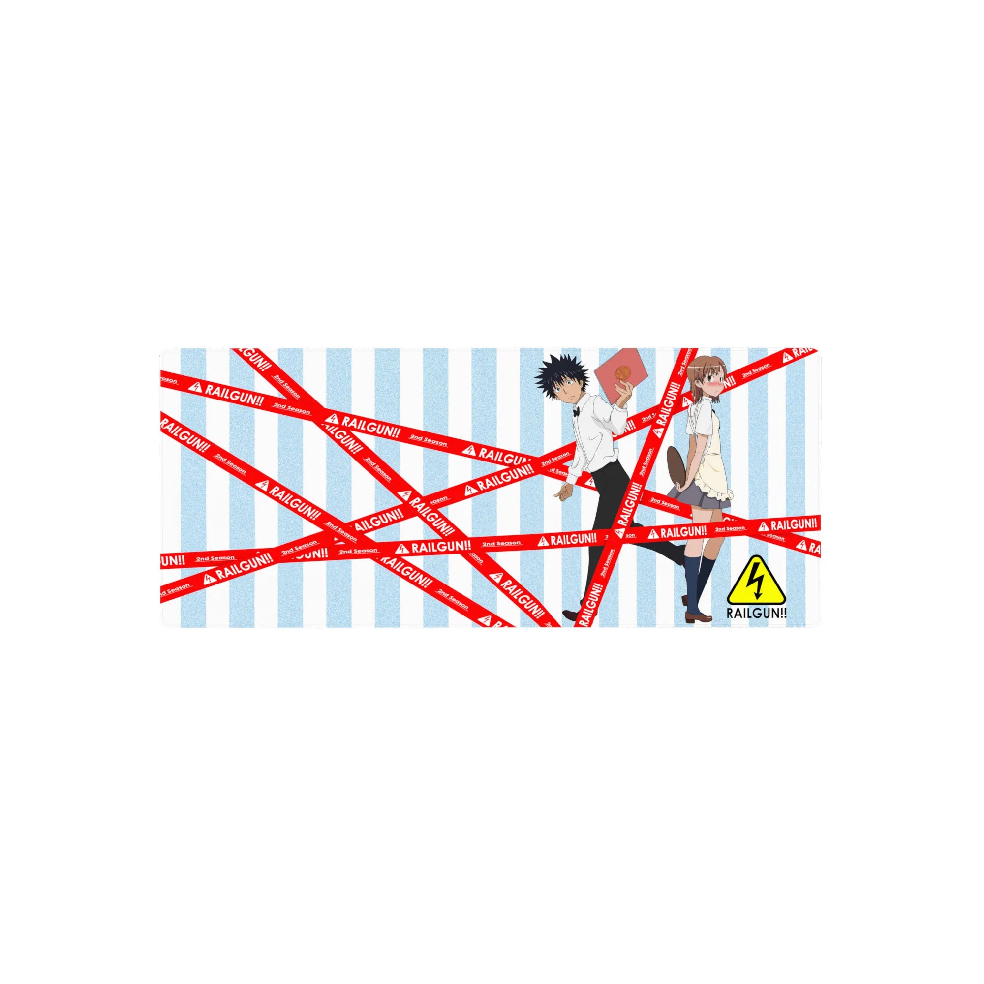 28x12 inches anime mouse pad with sky-blue stripes and bold red RAILGUN!! tape, school duo in motion.