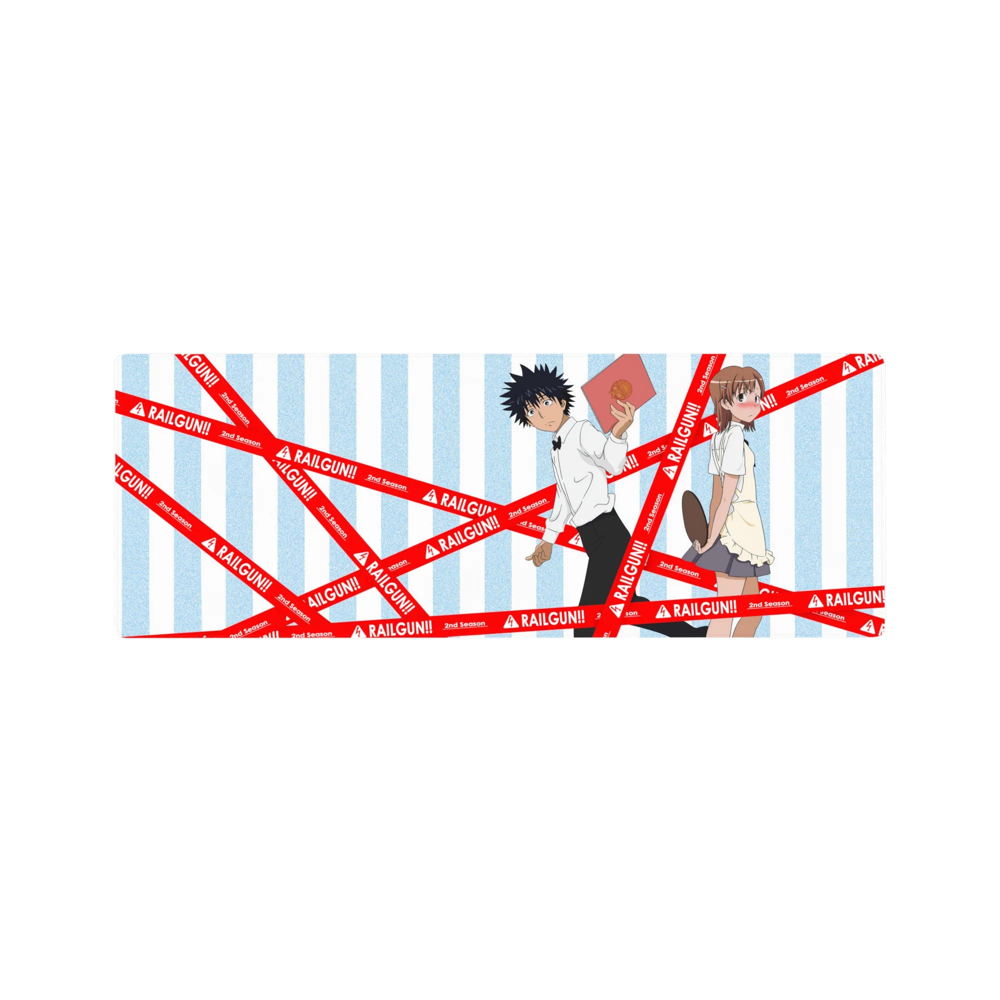 32x12 inches anime mouse pad with Touma and Mikoto, red RAILGUN!! tape over sky-blue stripes.
