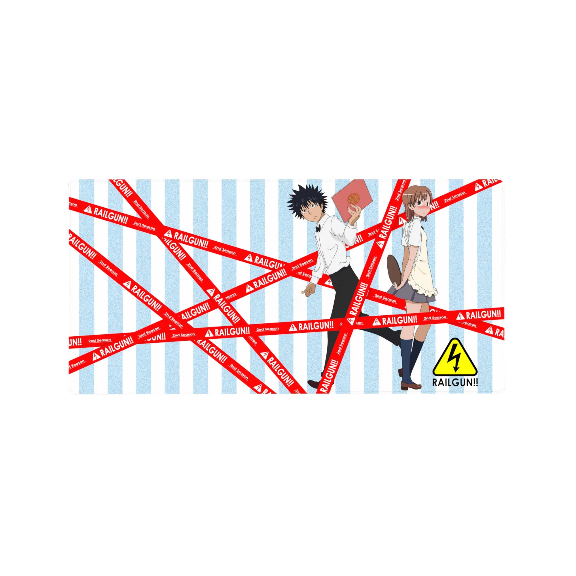 32x16 inches anime mouse pad with bold red RAILGUN tape over sky-blue stripes and crisp school duo art.