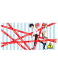 32x16 inches anime mouse pad with bold red RAILGUN tape over sky-blue stripes and crisp school duo art.