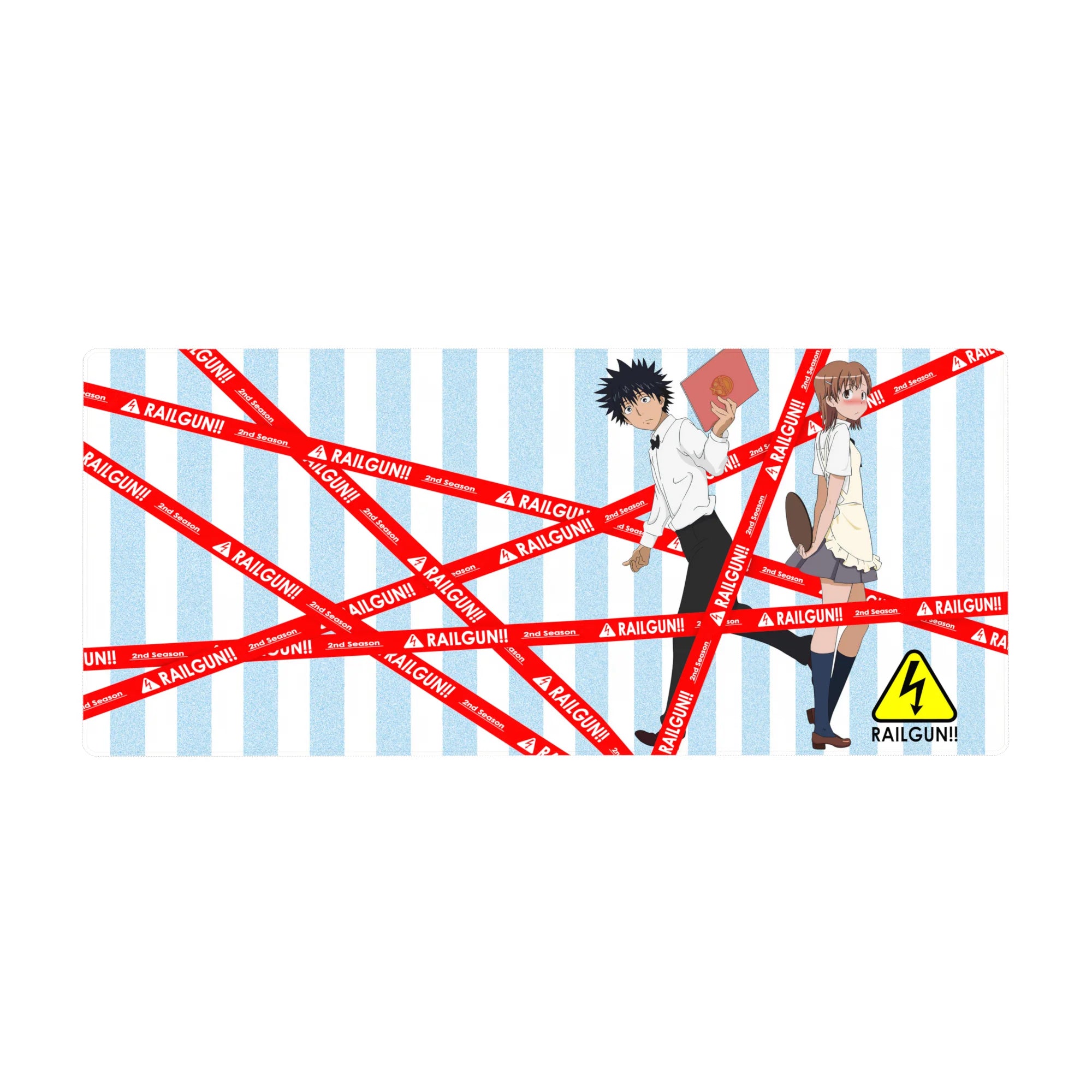 36x16 inches anime desk pad with Railgun characters, red RAILGUN tape and sky-blue stripe design.