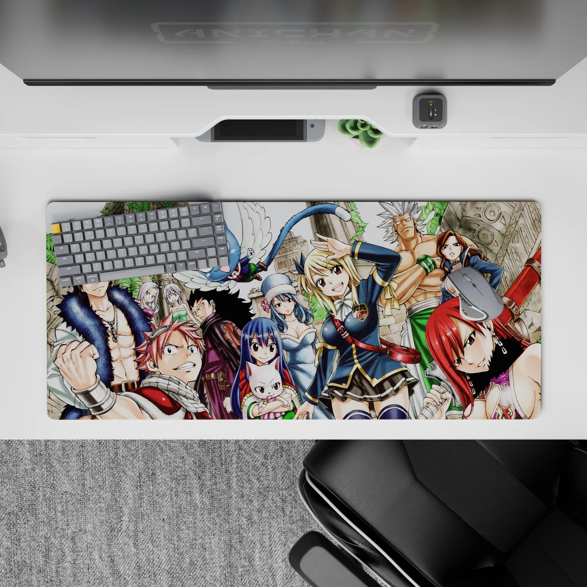 Vibrant, crisp Fairy Tail anime desk pad 36x16 inches with bold colors and a lively pre-battle vibe.