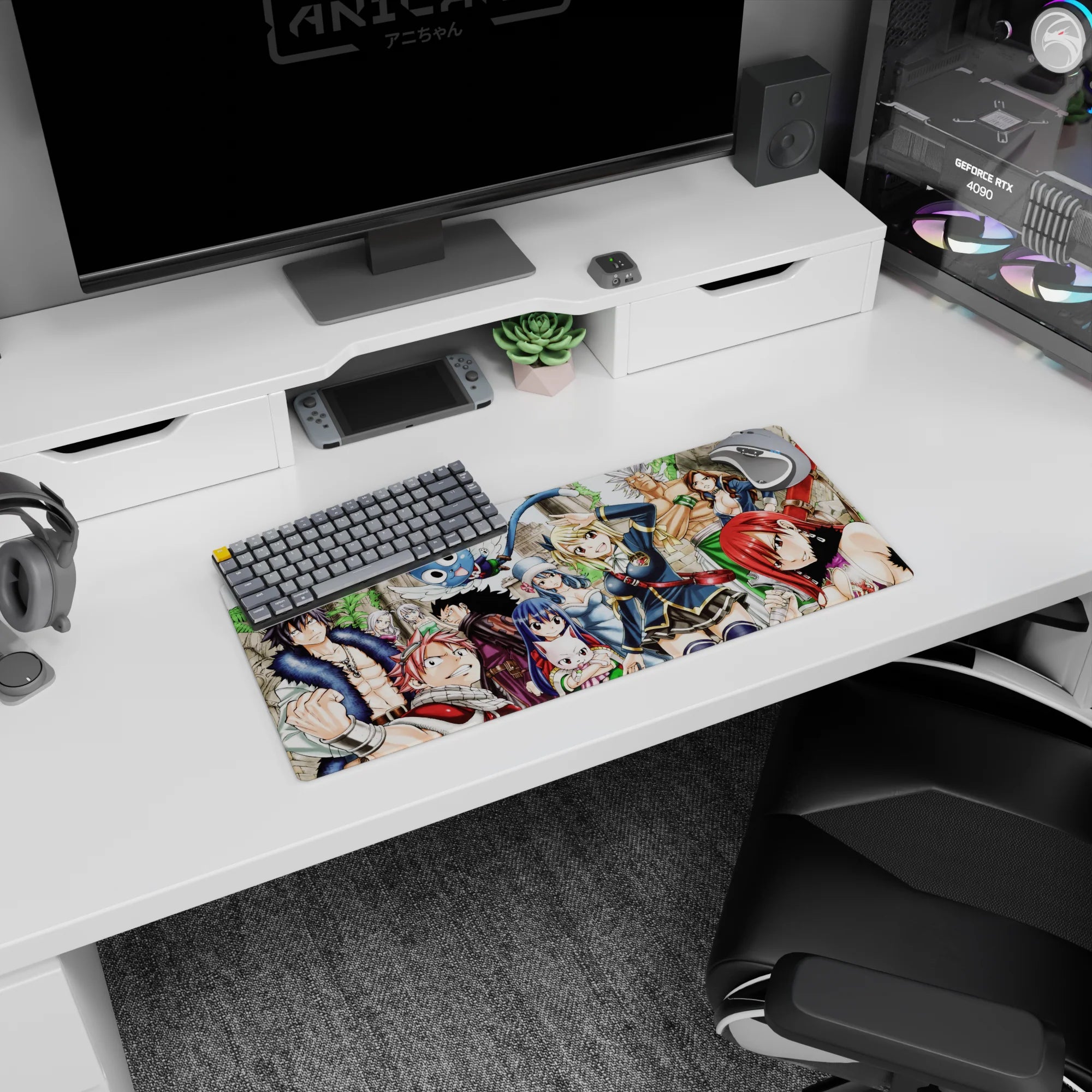 Natsu grinning with Lucy saluting on Fairy Tail anime mouse pad 28x12 inches; Happy flying over stone ruins.
