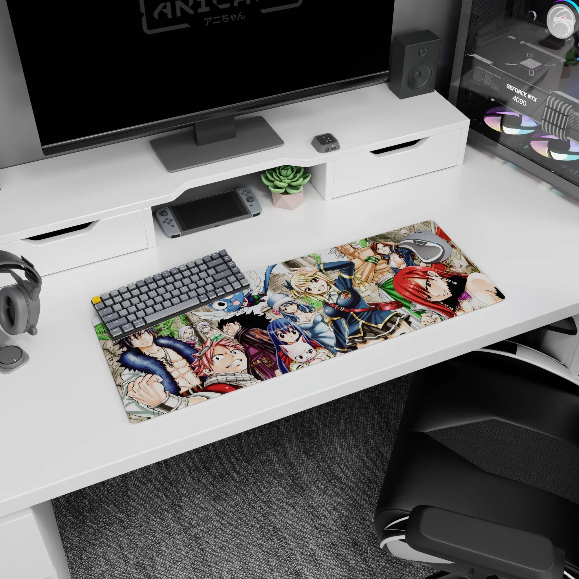 Natsu grinning with Lucy saluting on a 32x12 inches anime mouse pad, Erza red hair and Happy above.
