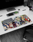 Natsu and Lucy front-and-center on a Fairy Tail anime mouse pad 32x16 inches, Erza and Happy above.