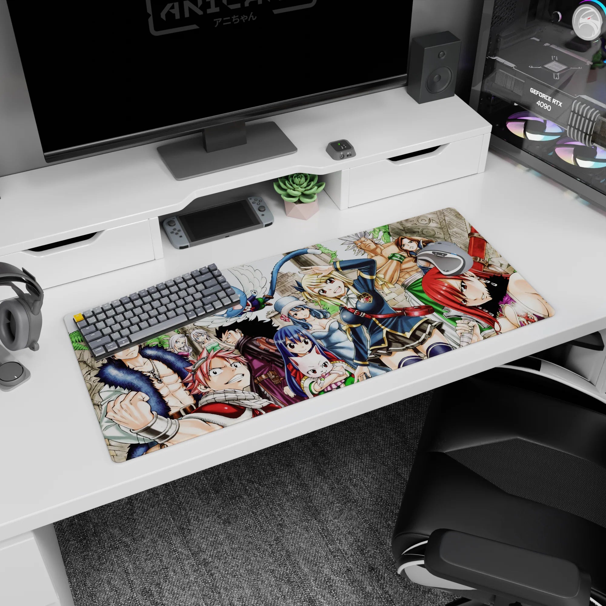 Natsu grinning with Lucy saluting on a Fairy Tail desk pad 36x16 inches, Happy flying above.