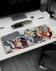 Natsu grinning with Lucy saluting on a Fairy Tail desk pad 36x16 inches, Happy flying above.