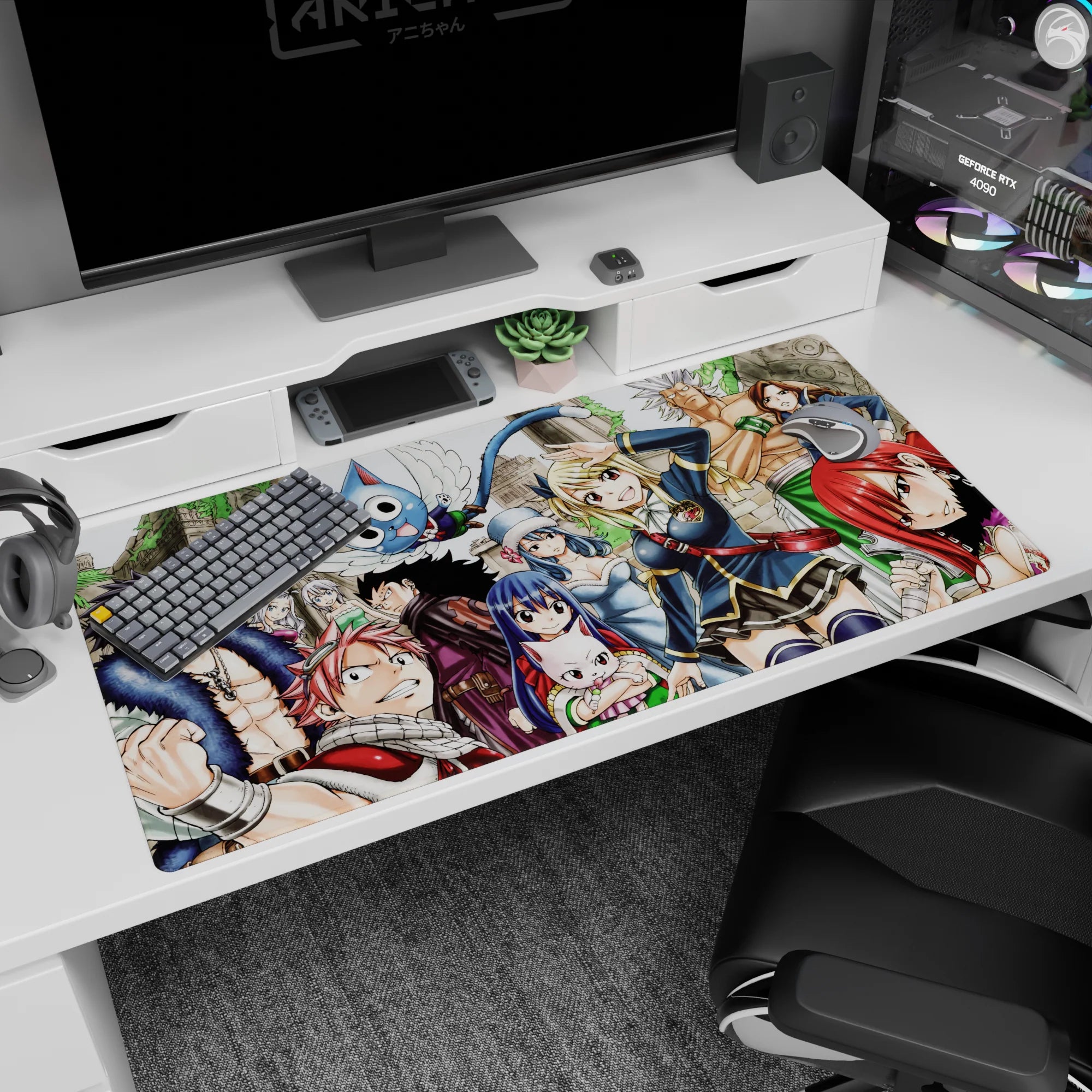 Natsu grinning with Lucy saluting on a 40x20 inches anime desk pad, Erza and Happy in the back.
