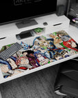Natsu grinning with Lucy saluting on a 40x20 inches anime desk pad, Erza and Happy in the back.