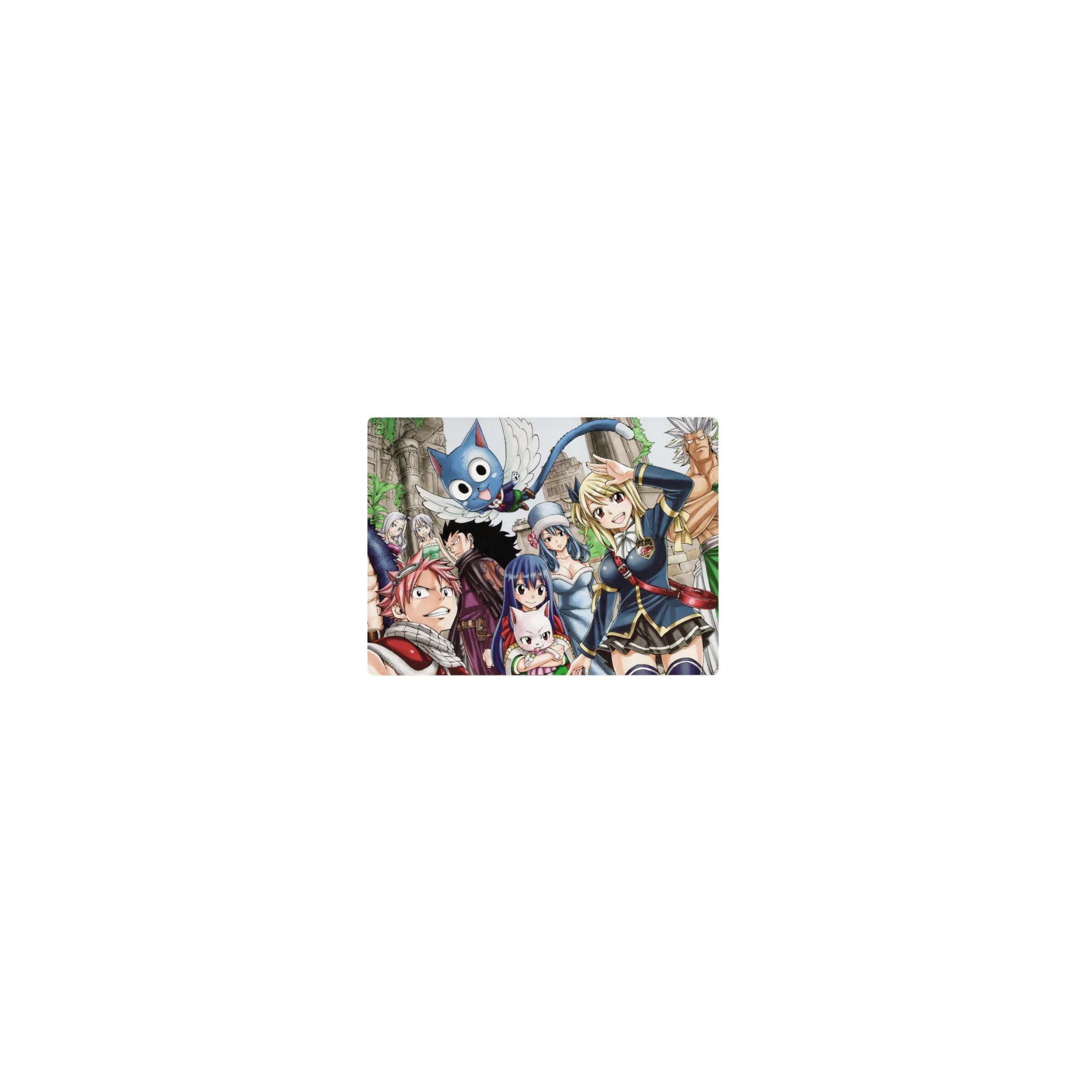 Fairy Tail anime mouse pad, 14x10 inches, featuring Natsu, Lucy, Erza, Happy, and vine-covered ruins.