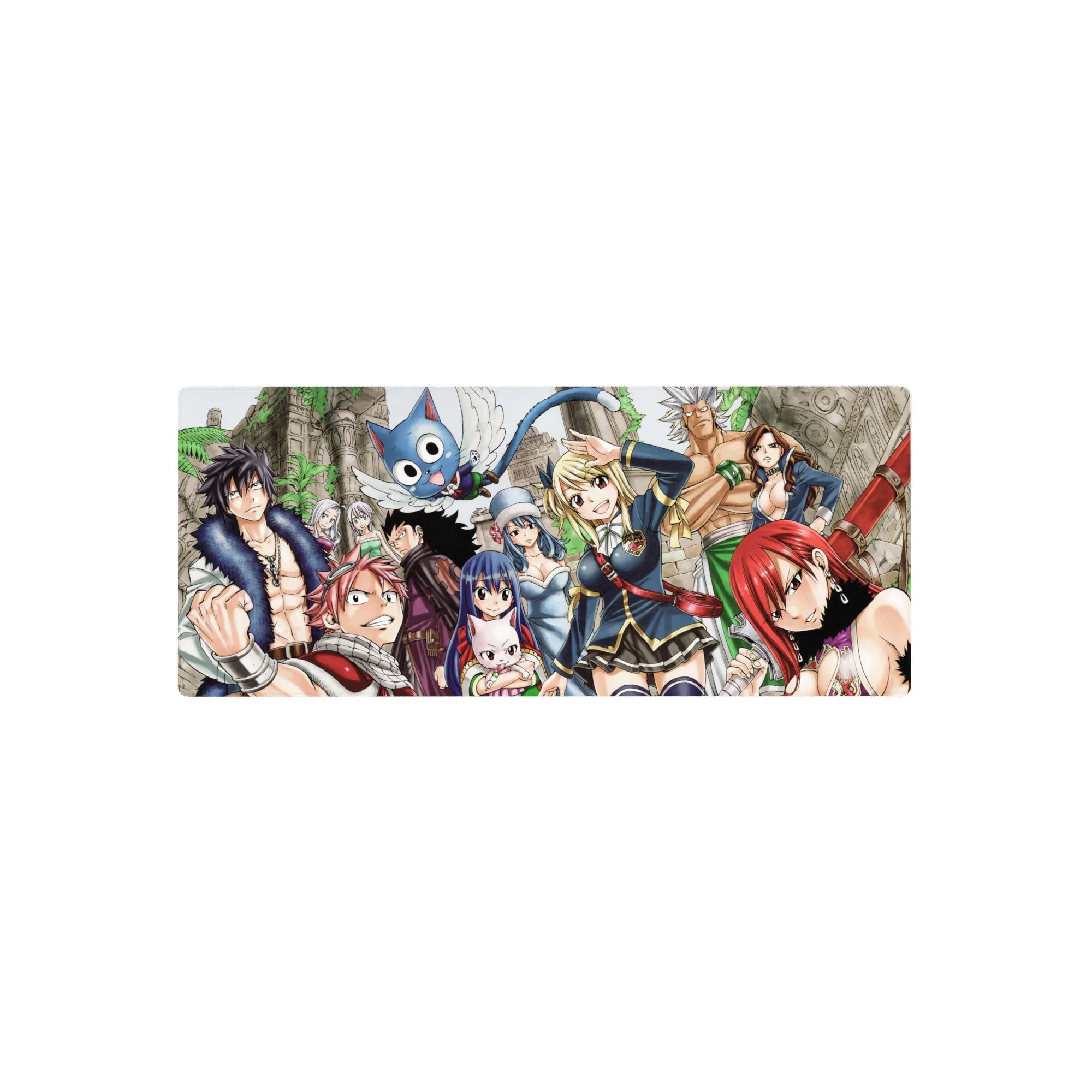 Fairy Tail anime mouse pad 28x12 inches with Natsu, Lucy, Erza and Happy amid vine-covered ruins.