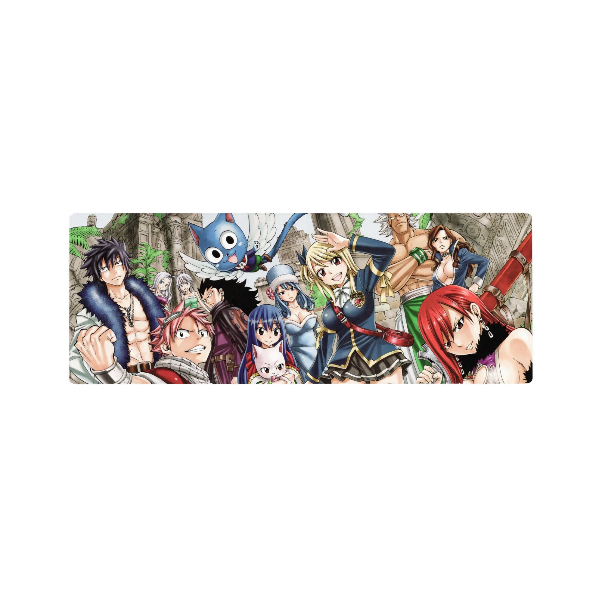 Fairy Tail anime mouse pad 32x12 inches with Natsu, Lucy, Erza and Happy amid ruins and vines.