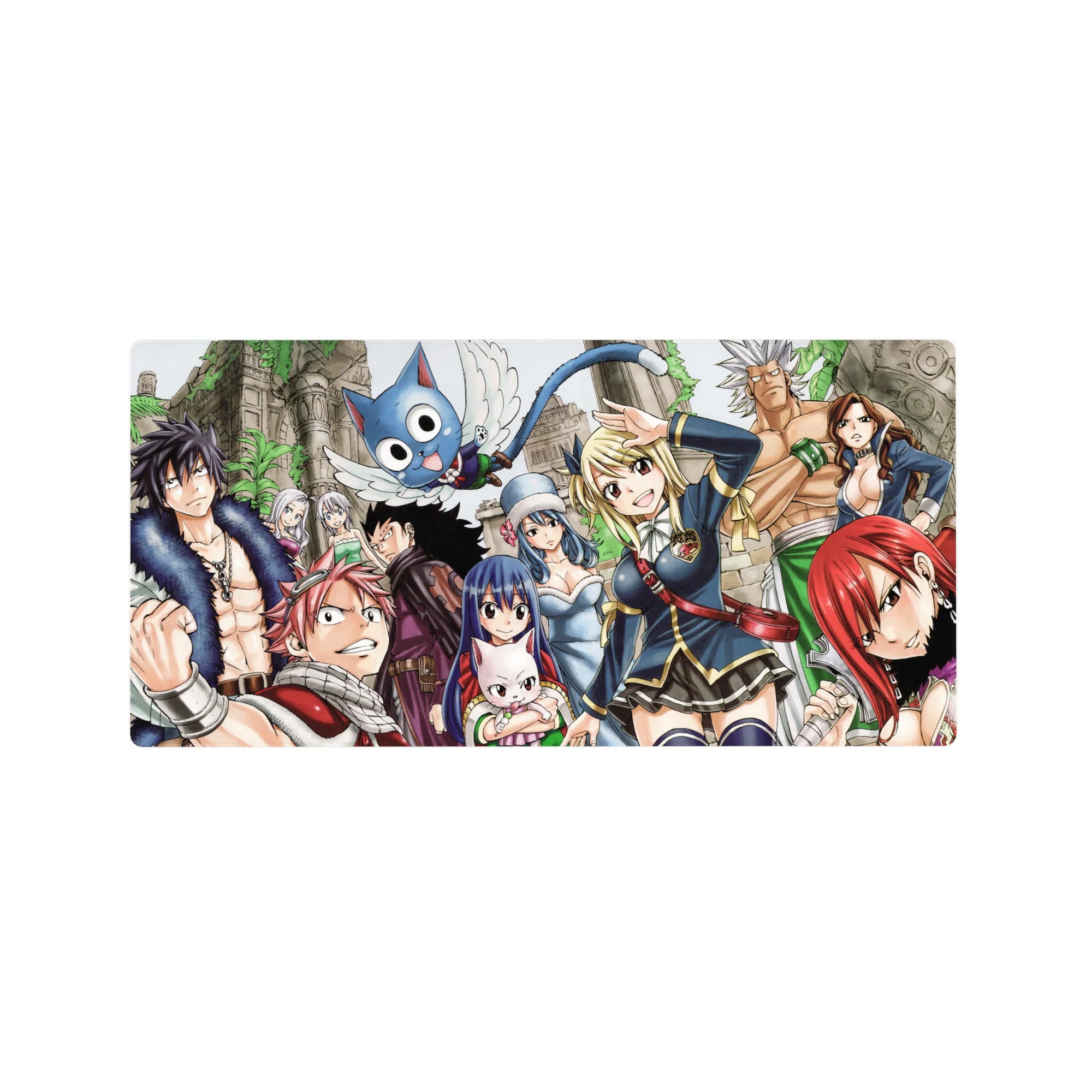 Fairy Tail anime mouse pad 32x16 inches with Natsu, Lucy, Erza and Happy over viney ruins.