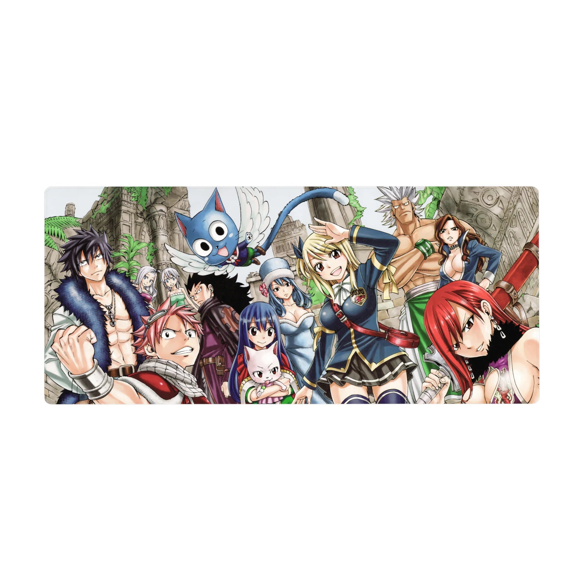 Fairy Tail anime desk pad 36x16 inches with Natsu, Lucy, Erza and Happy over vine-covered ruins.