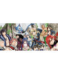 Fairy Tail anime desk pad 36x16 inches with Natsu, Lucy, Erza and Happy over vine-covered ruins.