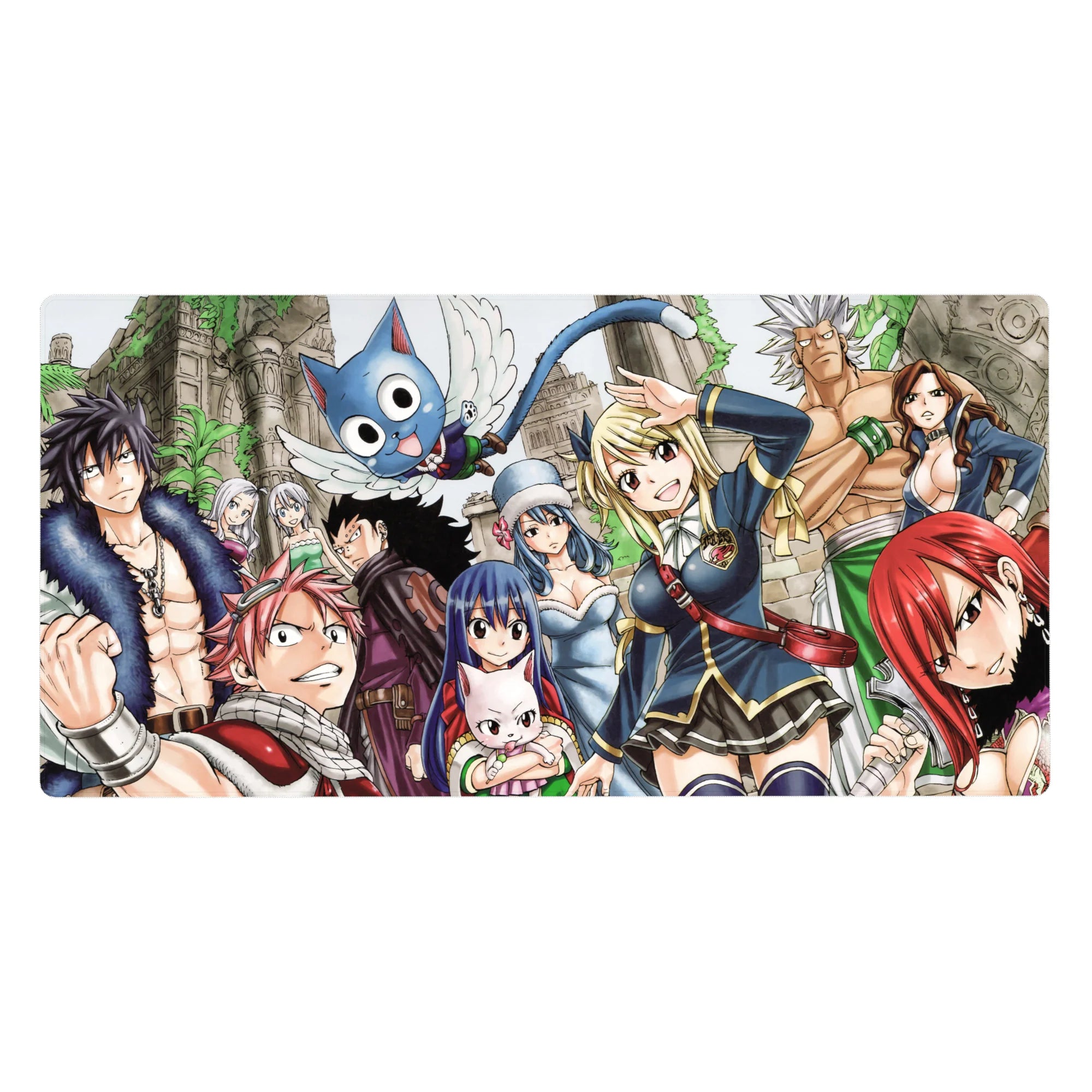 Fairy Tail anime desk pad 40x20 inches with Natsu, Lucy, Erza and Happy over vine-covered ruins.